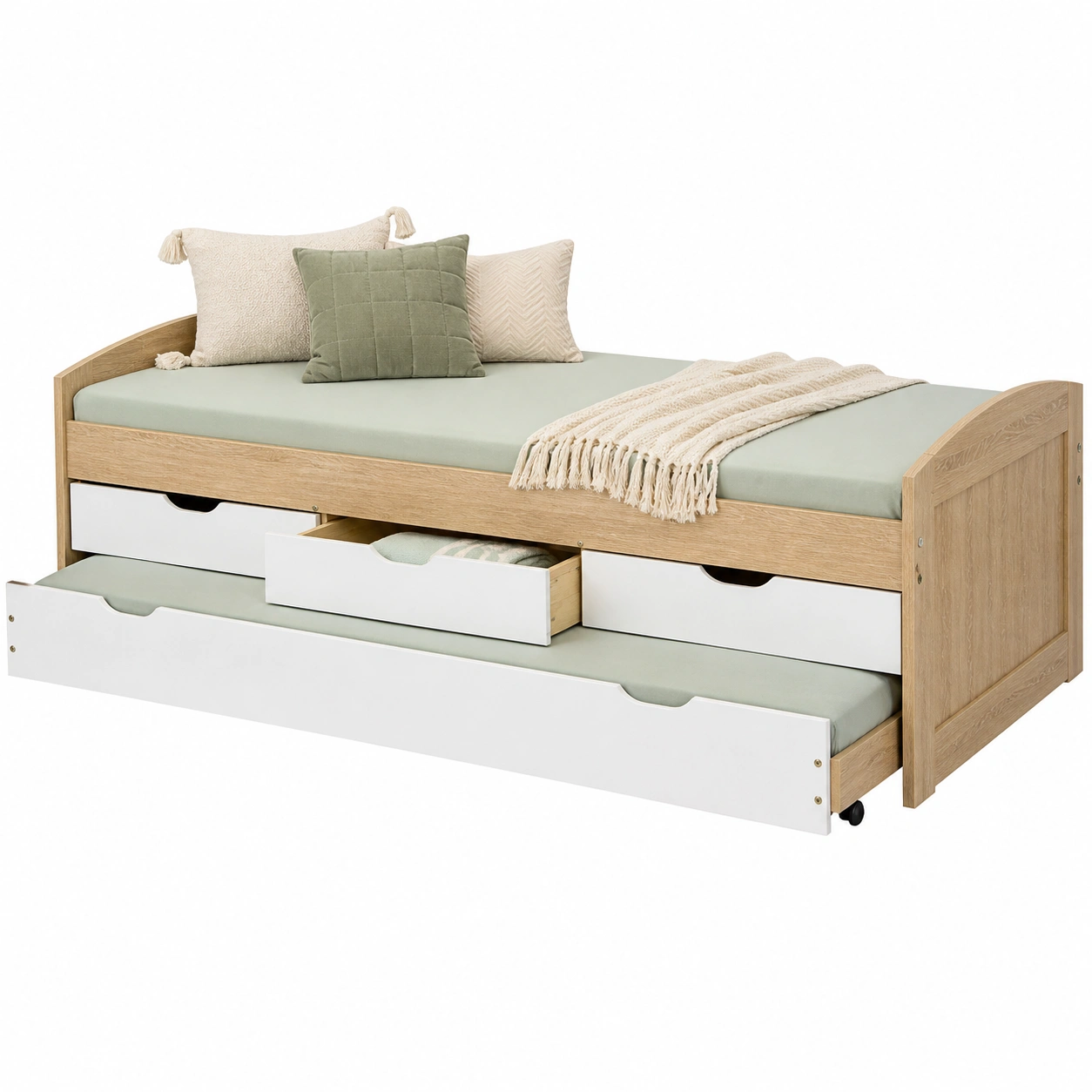 Multifunktionales Bett mit Schubladen und Ausziehbett – Modernes Einzelbett 90x200 cm Holzoptik Weiss-cozyixo