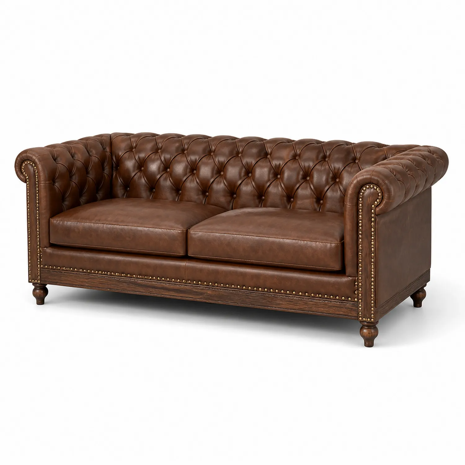 Sofa Chesterfield z brązowej skóry z drewnianą ramą