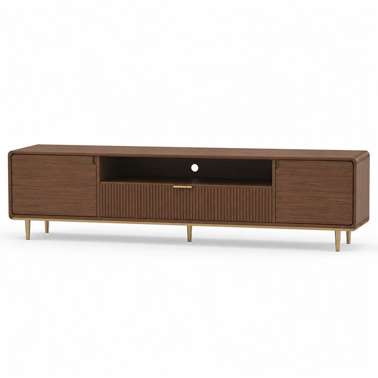 Mueble de TV de nogal con patas metálicas doradas