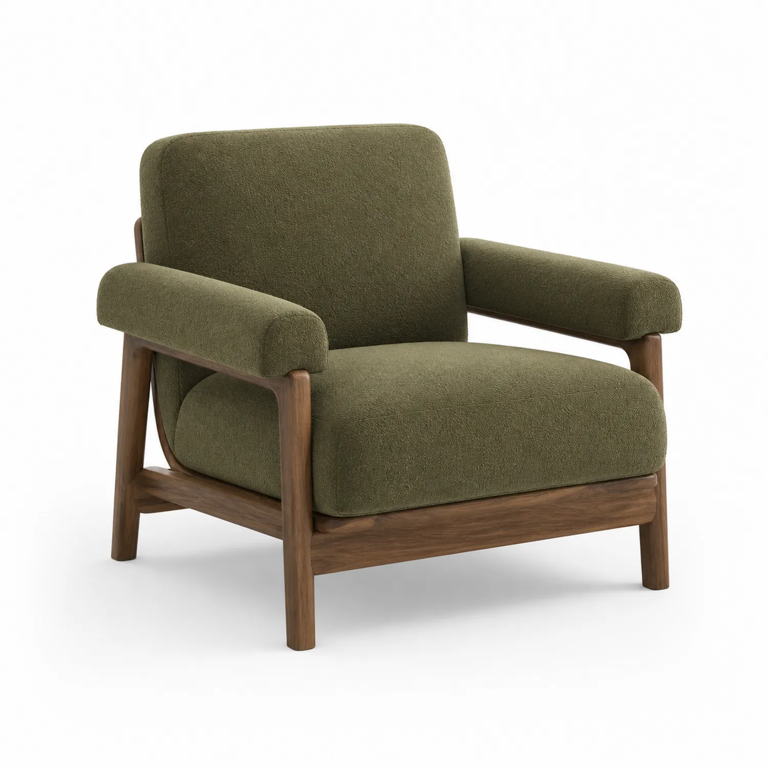 Sillón de Tela Verde Oliva con Estructura de Nogal