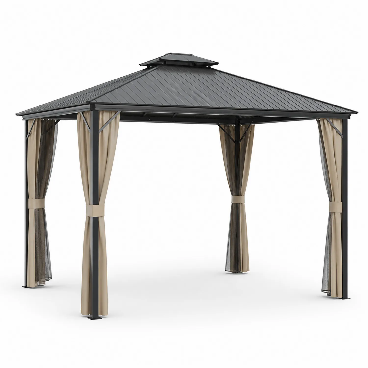 Pérgola de Aluminio con Techo de Acero y Cortinas de Poliéster 3x3m Beige