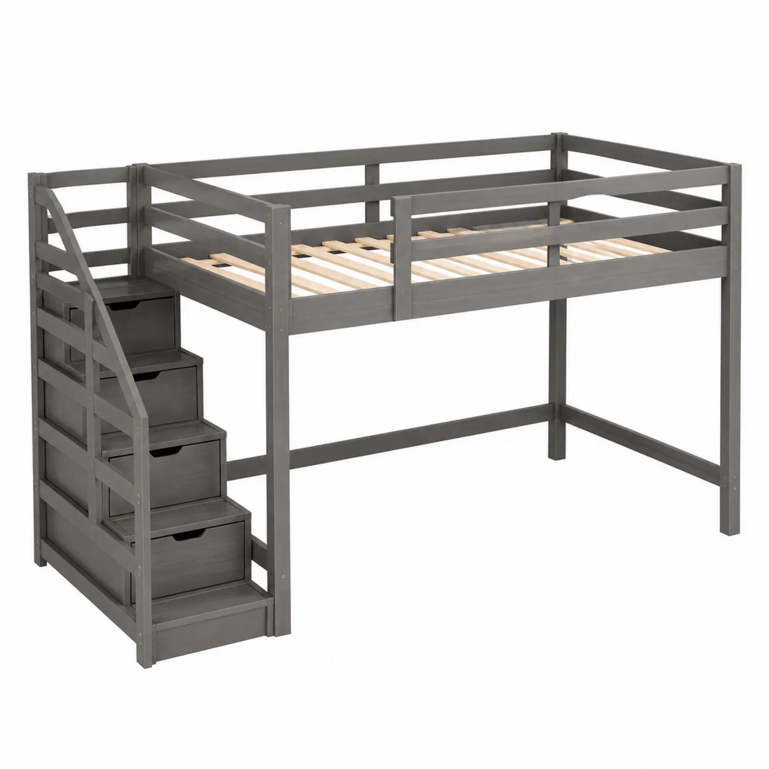 Cama alta de madera con cajones y escalera