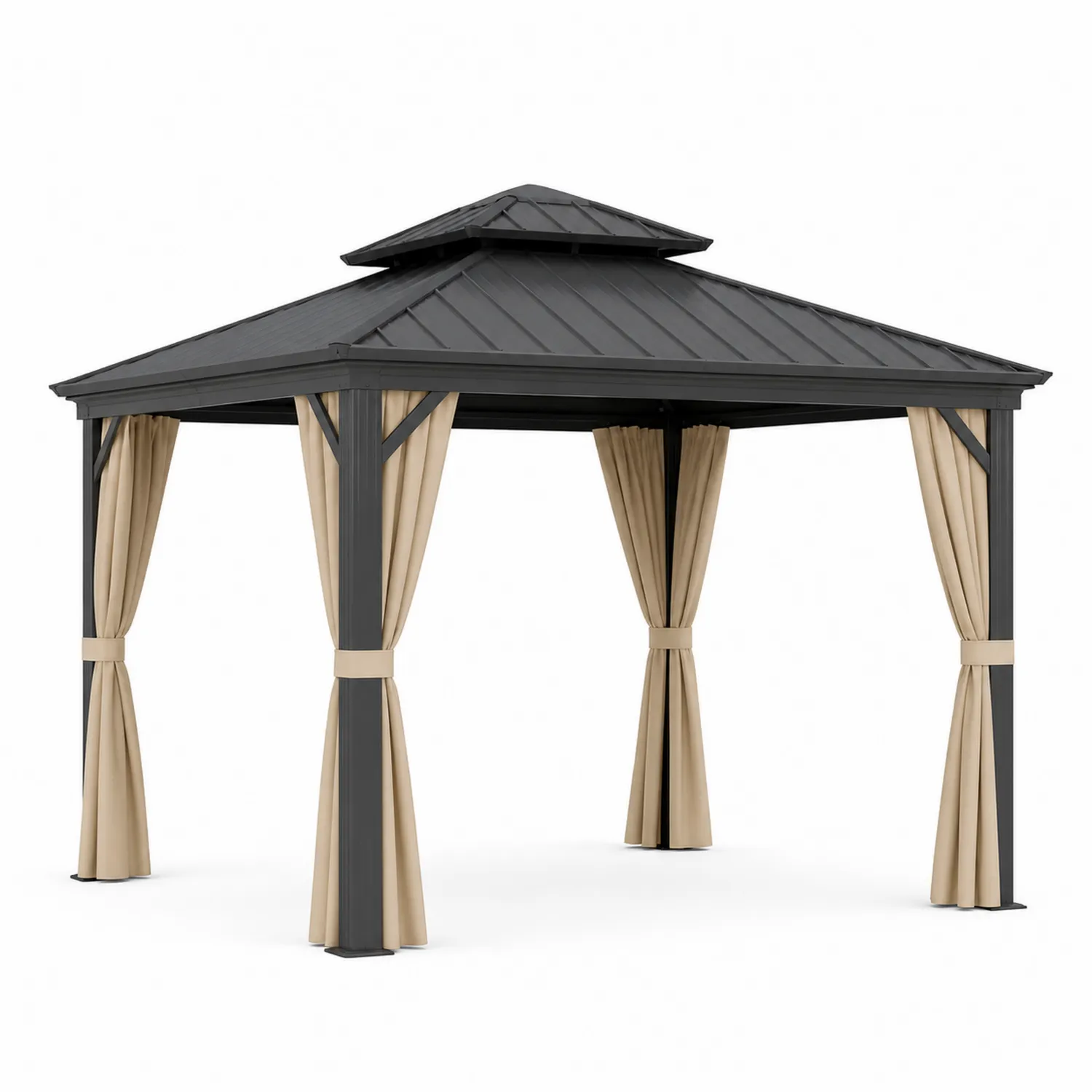 Pérgola de Aluminio y Acero Negro con Cortinas de Poliéster Beige