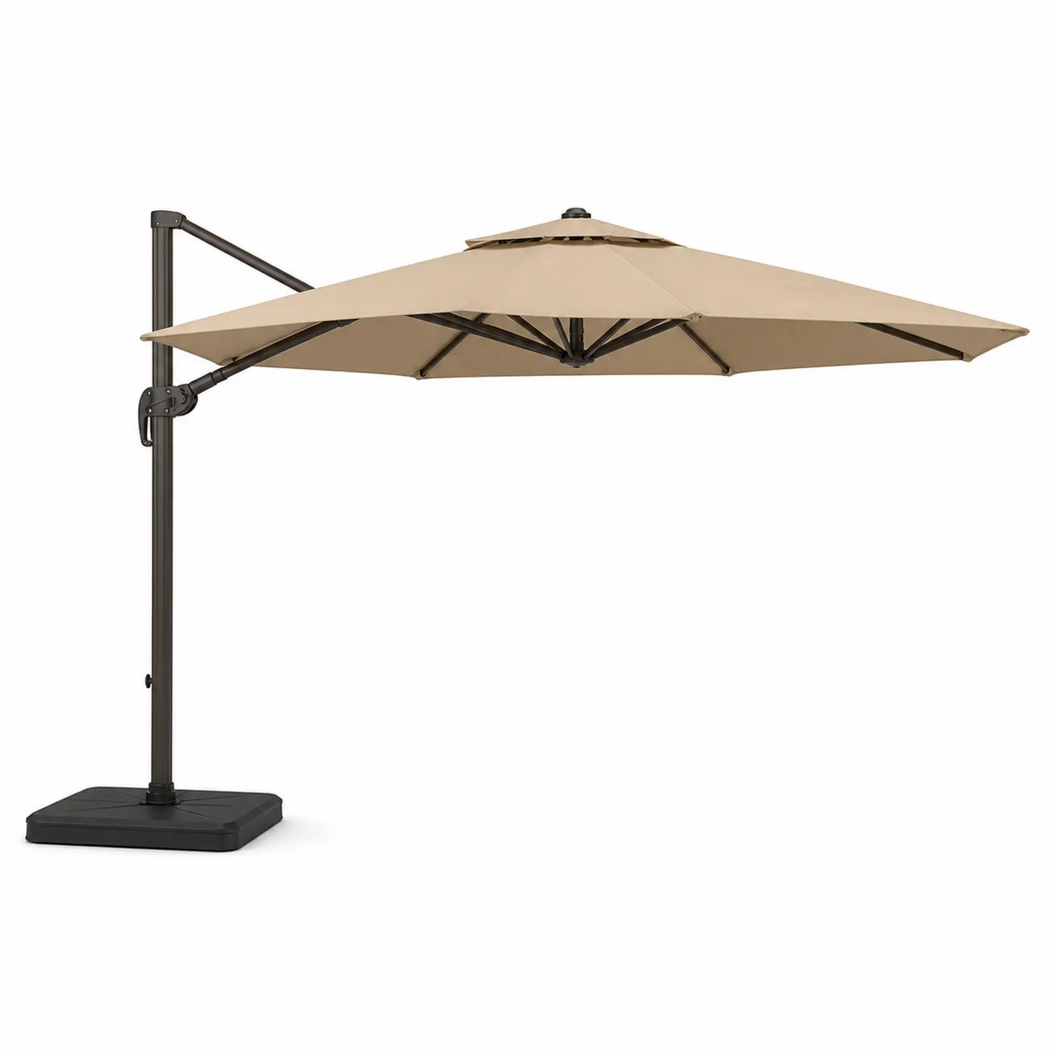 Sombrilla lateral de tela beige con estructura de metal