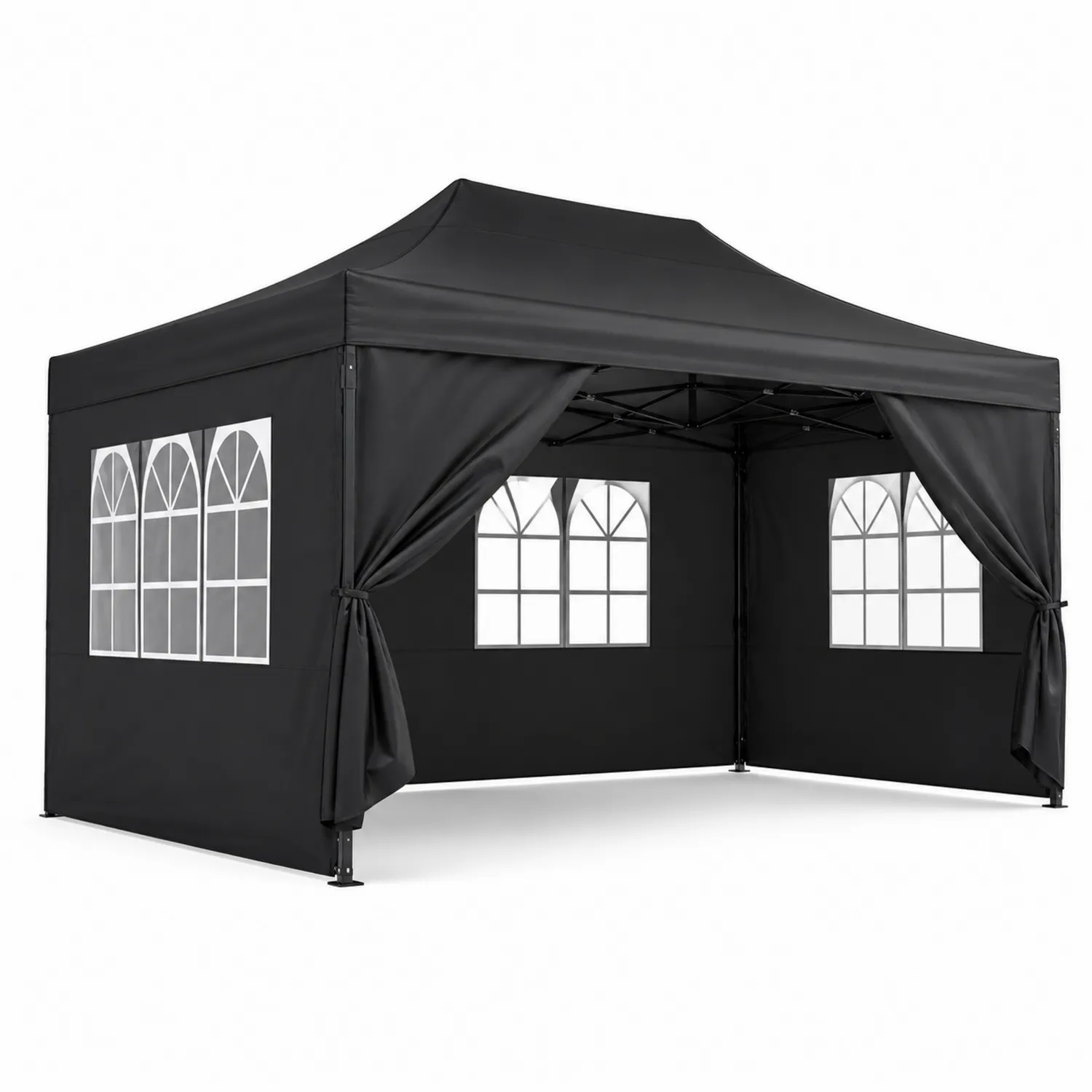Carpa Plegable de Acero y Poliéster Negro con Ventanas