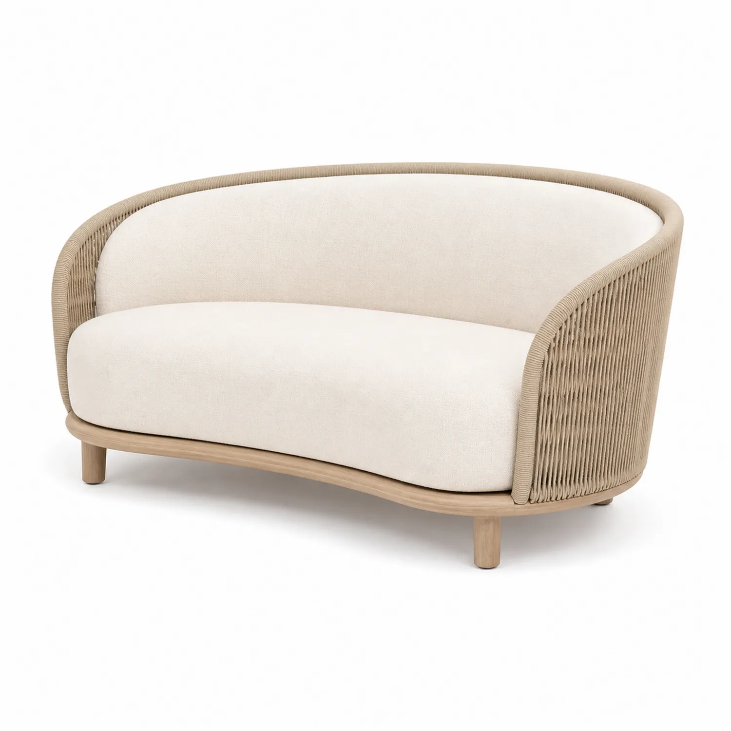 Sofá de dos plazas de exterior con estructura de madera y cuerda beige