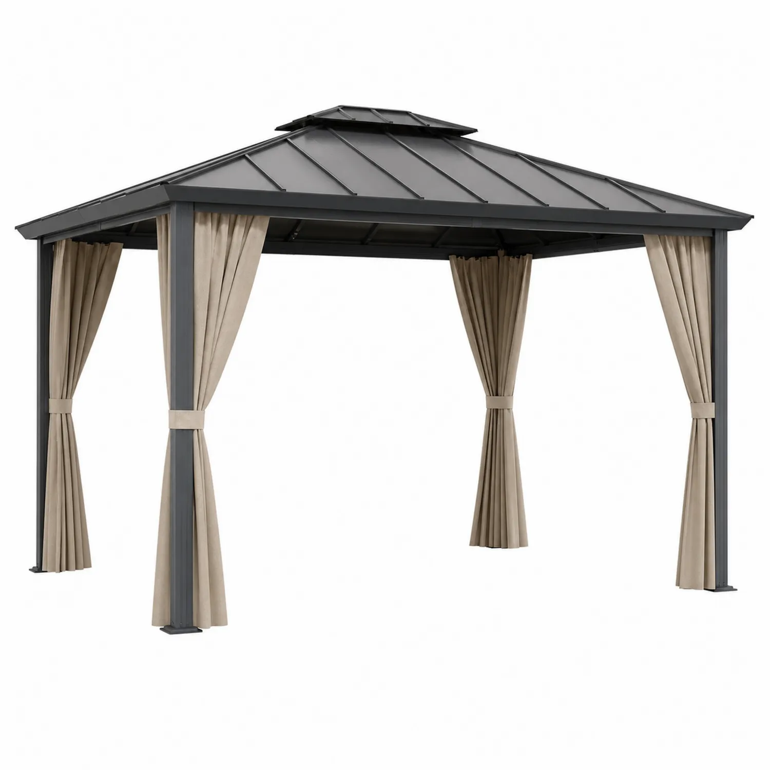 Pérgola de Acero con Techo de Acero Galvanizado y Cortinas de Poliéster Beige 350x350x250 cm