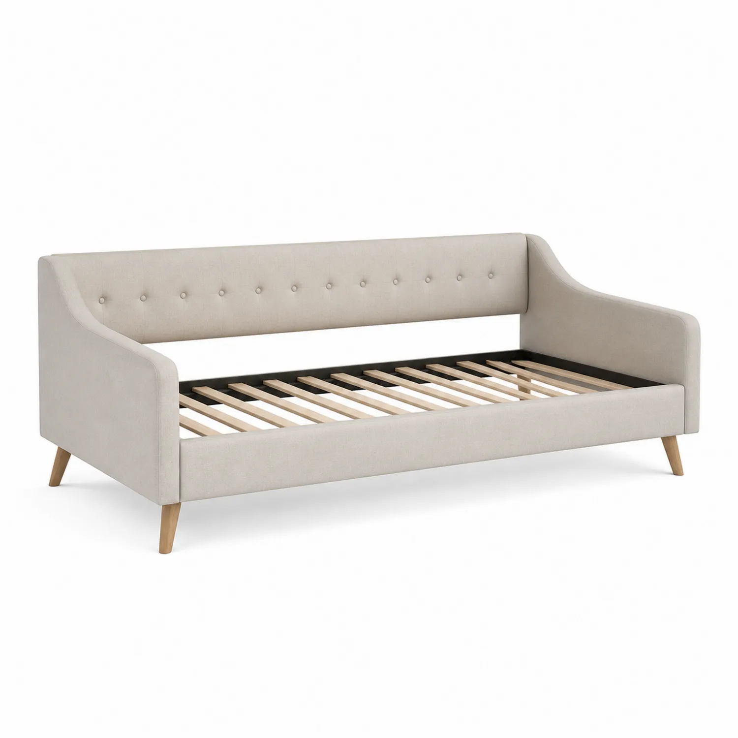 Sofá cama individual de tela beige con estructura de madera de pino