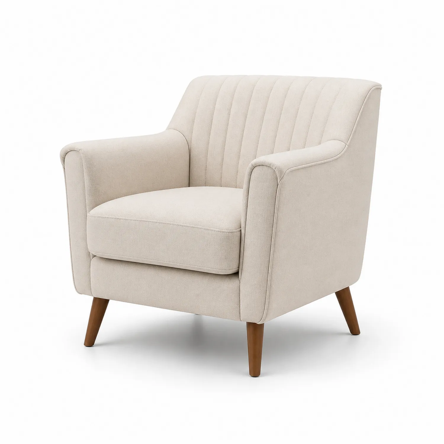 Sillón de tela beige con patas de madera maciza