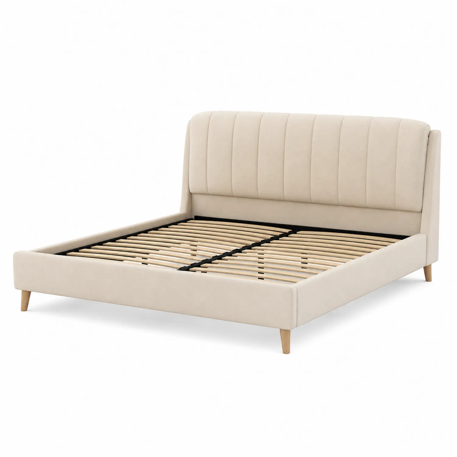 Cama doble tapizada en tela de poliéster beige 200x160 cm