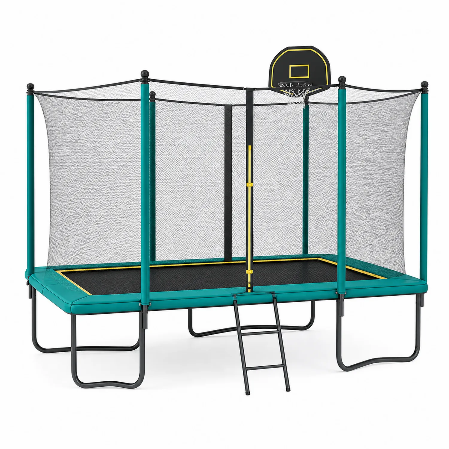 Cama elástica rectangular con red de seguridad y canasta 275x185x250 cm verde