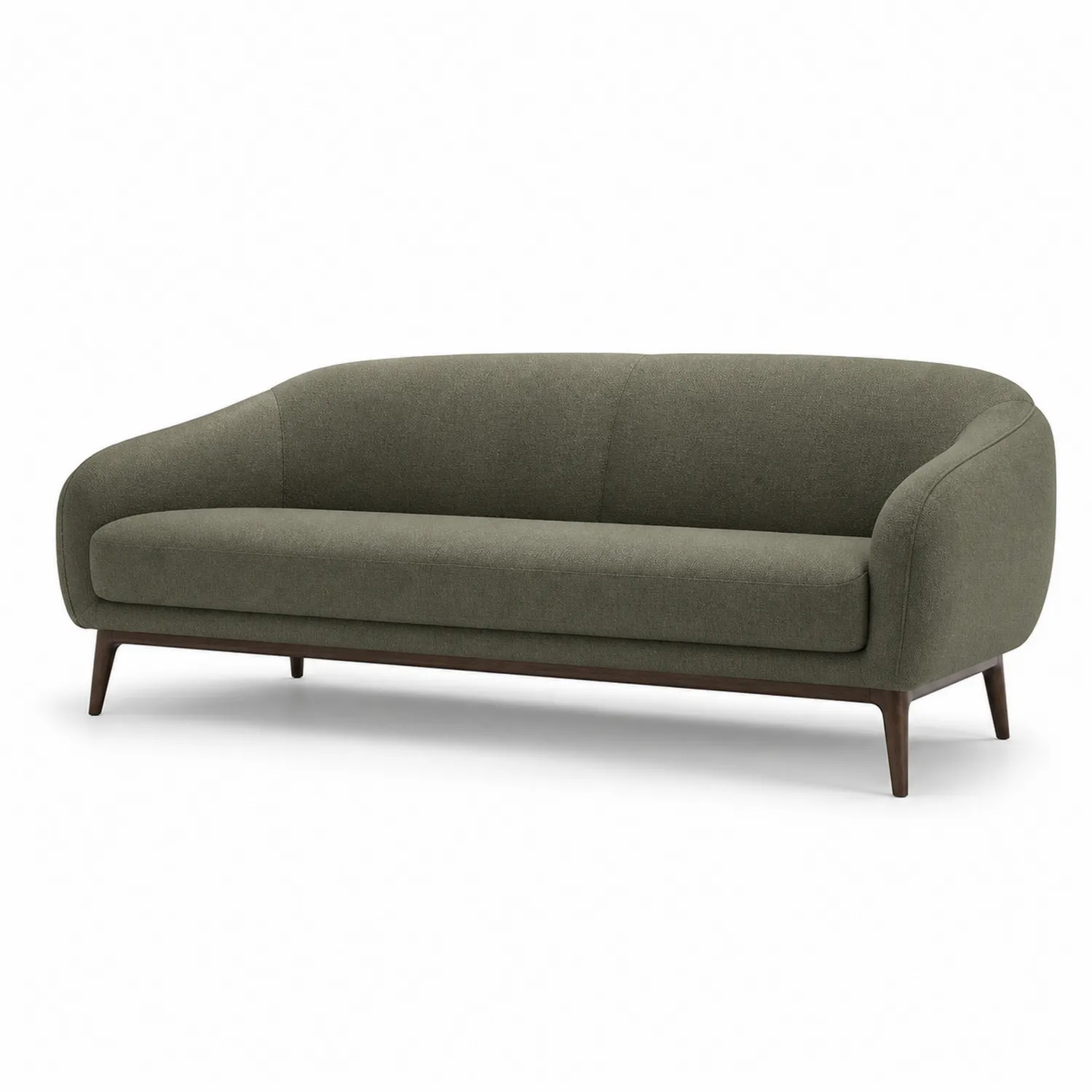 Sofá de tela verde oliva con estructura de madera maciza