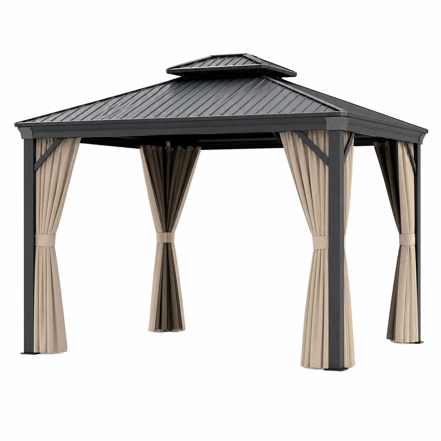 Pabellón de Jardín de Aluminio con Techo de Acero y Cortinas de Poliéster 3x3m