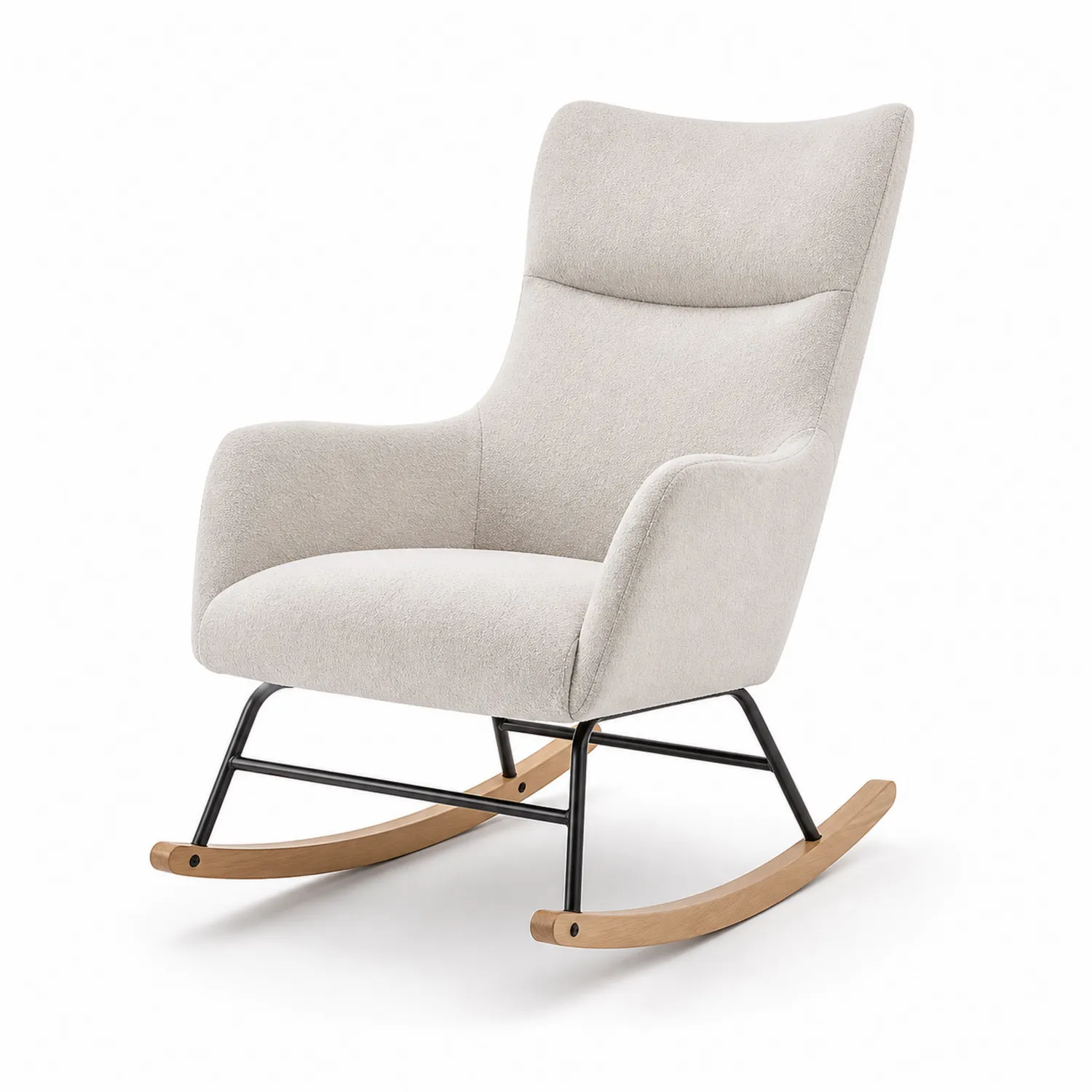 Silla mecedora de poliéster beige con estructura de acero y base de madera