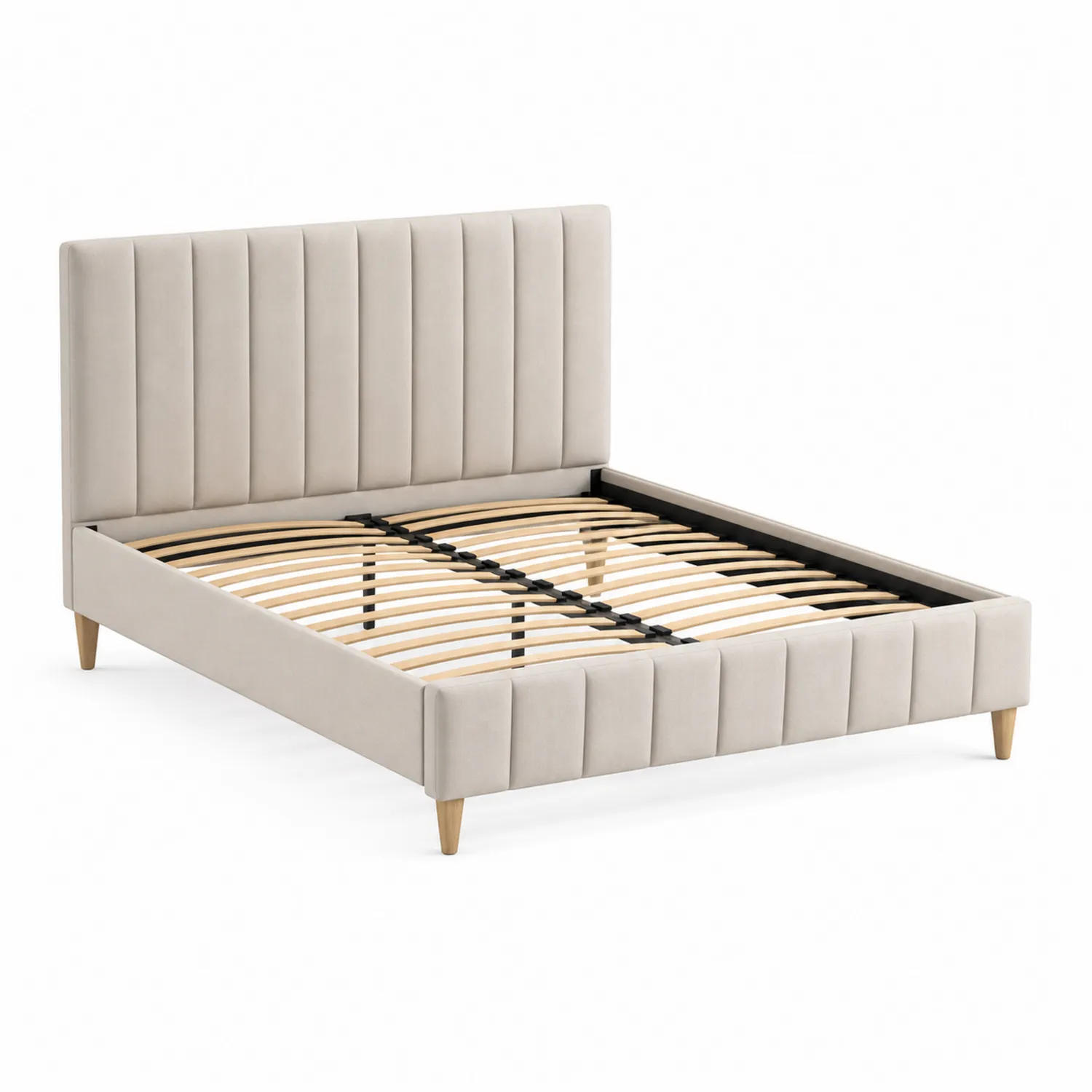 Cama Doble de Tela Beige con Cabecero Acolchado y Patas de Madera