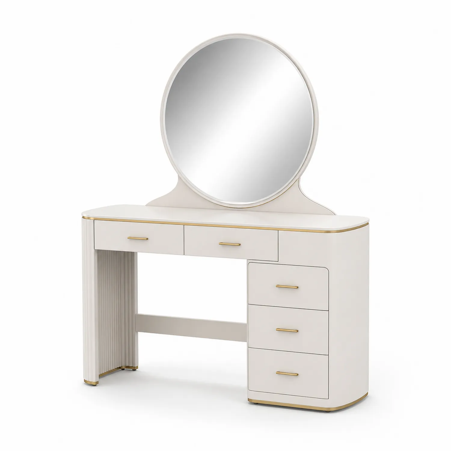 Tocador de madera MDF con espejo redondo y cajones blancos