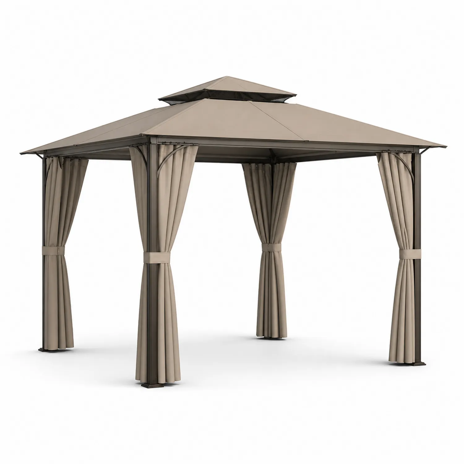 Pérgola de Aluminio con Techo Doble y Cortinas 3x3m Beige
