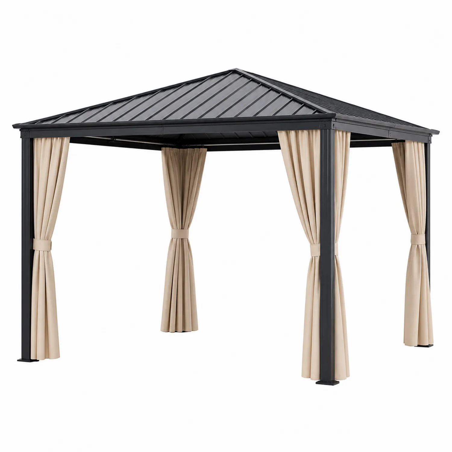 Pérgola de Aluminio con Techo de Acero Galvanizado y Cortinas de Poliéster 3x3 m