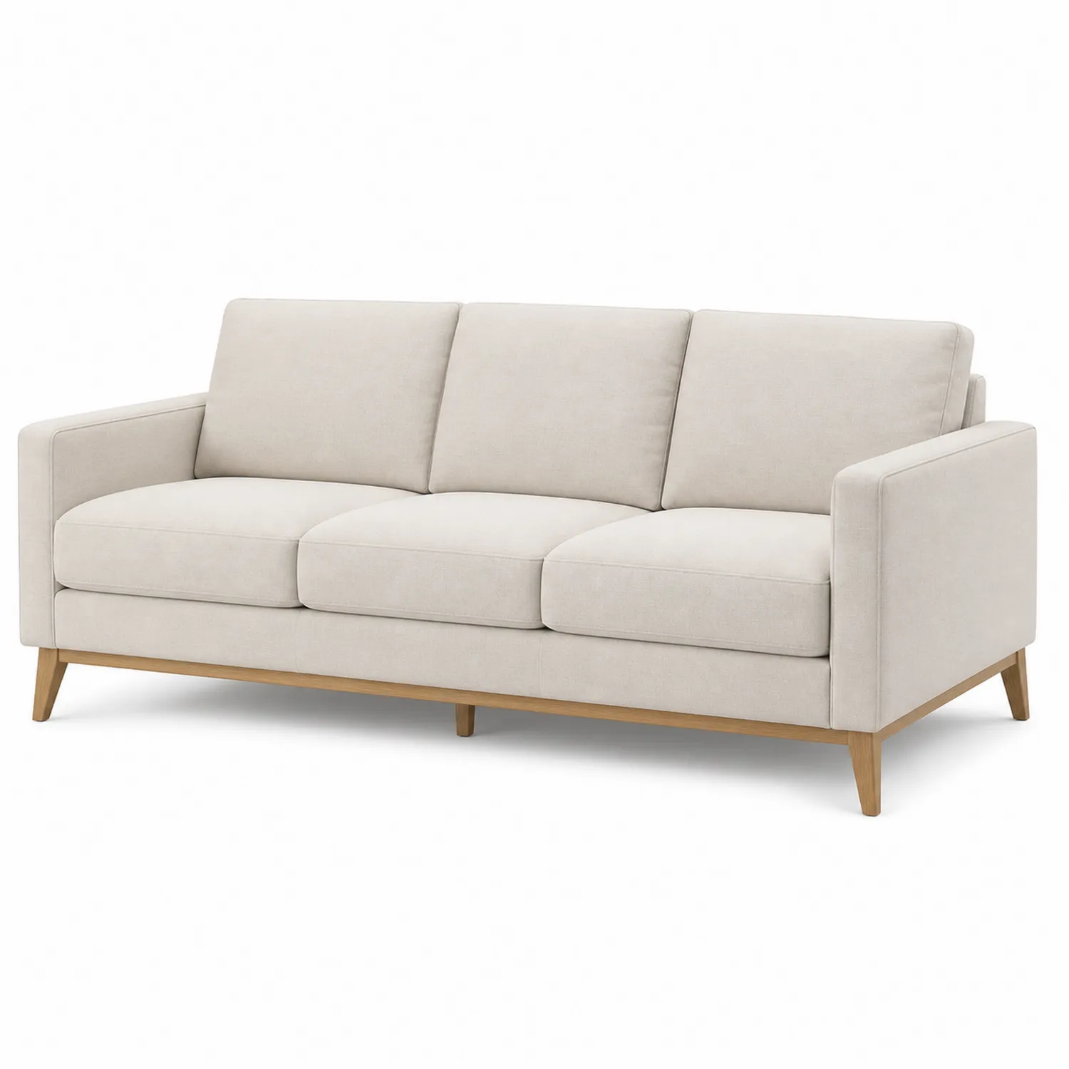 Sofá de tres plazas de tela beige con patas de madera