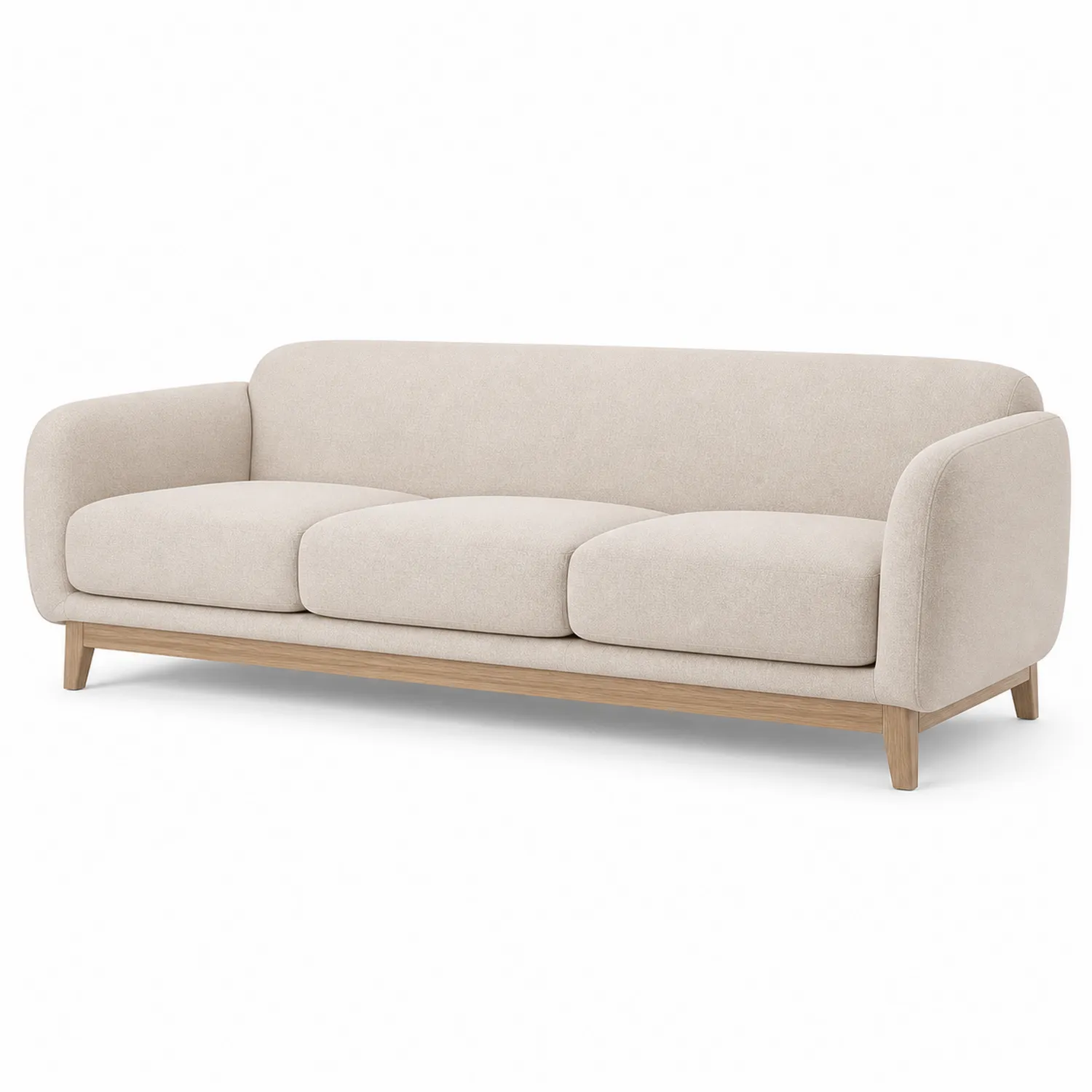 Sofá de Tres Plazas en Tela Beige y Madera