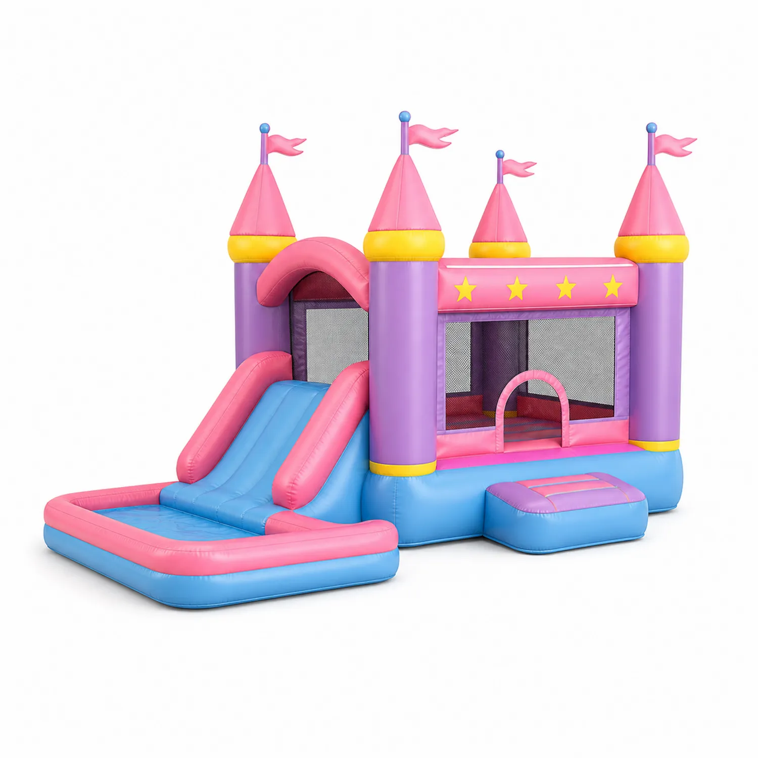 Castillo Inflable de PVC en Rosado, Azul, Morado y Amarillo