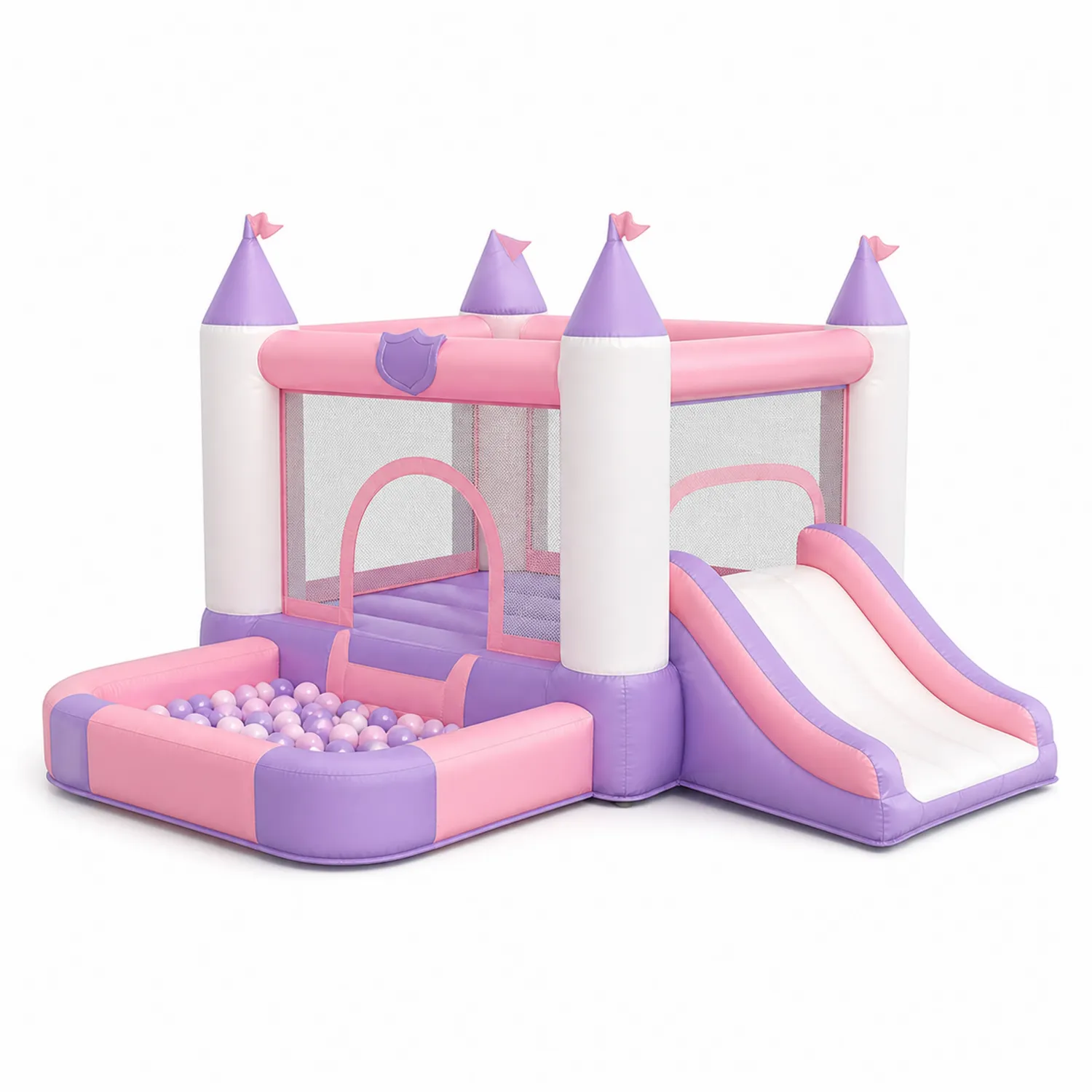 Castillo Hinchable de PVC con Tobogán y Piscina de Bolas Rosa/Violeta para Niños