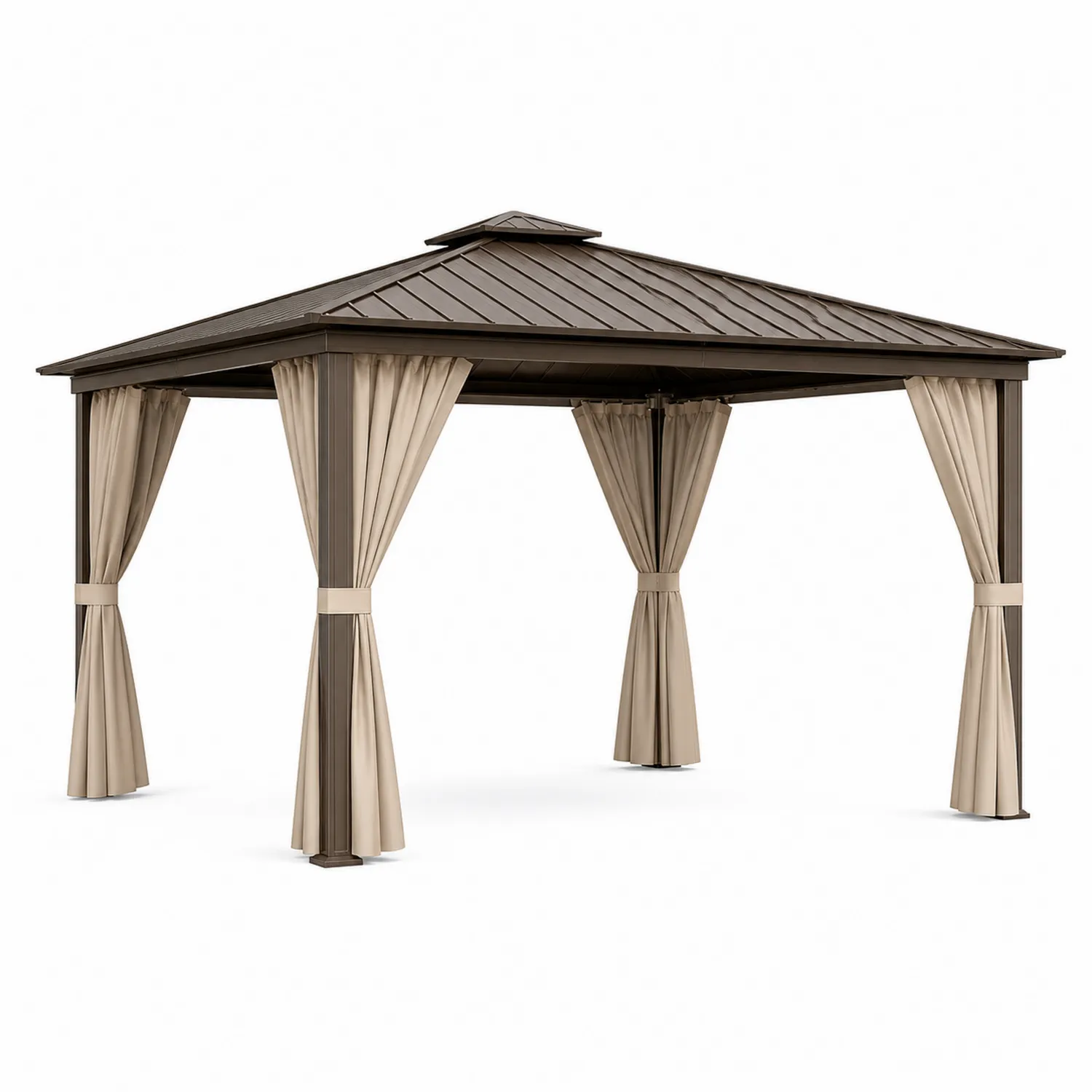 Pérgola de Aluminio con Techo de Acero y Cortinas de Poliéster