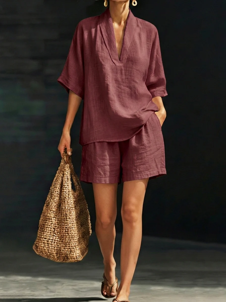 Minimalist Cozy V-neck Shirt And Shorts Linen Cotton Two-piece Set