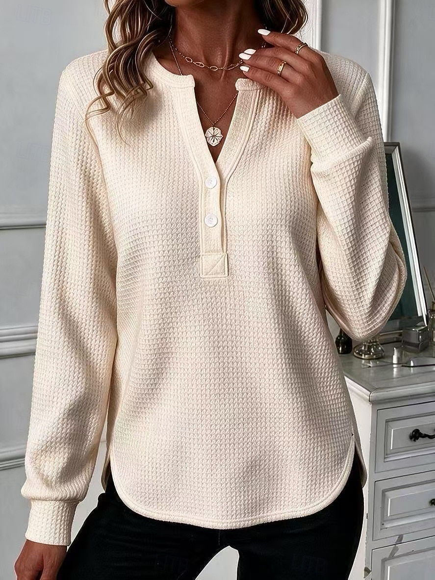 Women's Waffle Polo Shirts Blouse Knit Shirts Texture Solid Color Fashion Classic Casual Long Sleeve V Neck Regular Tops Casual Daily Going out White Wine Red Dark Green Hunter Green Fall Winter 2026 - $28.99 &ndash;P10