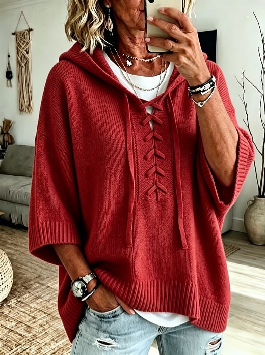 Women's Knit Hoodie Pullover Sweater Casual 3/4 Length Sleeve Lace Up Sweatshirt with Hood for Fall 2026 - $37.99 &ndash;P1