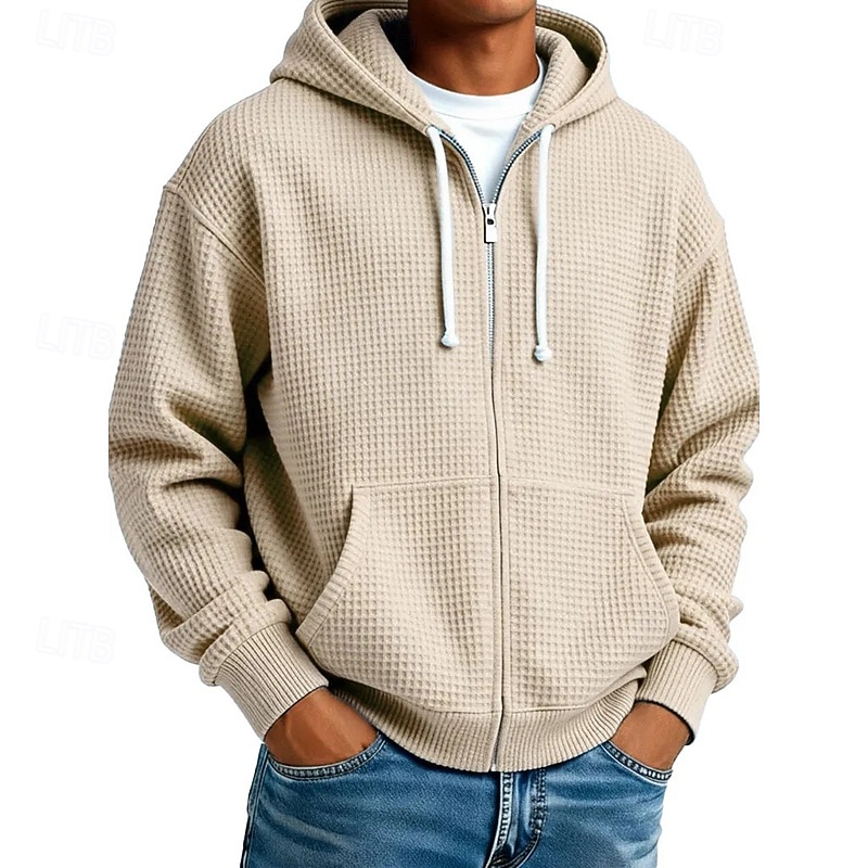 Men's Hoodie Full Zip Hoodie Waffle Hoodies Black White Light Green Army Green Navy Blue Hooded Plain Textured Casual Daily Sports & Outdoor Streetwear Cool Sportswear Fall & Winter Spring & Fall 2026 - €11.69 –P1