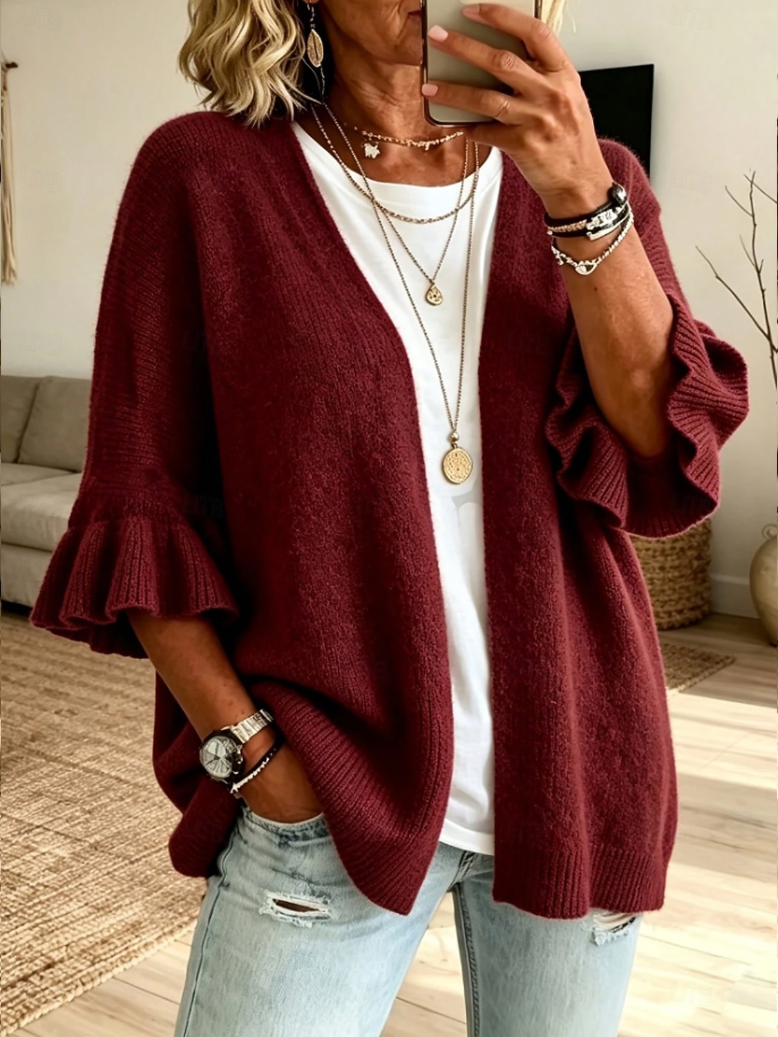 Women's Knit Cardigan Vintage Ribbed Open Front Ruffle Patchwork 3/4 Length Sleeve Regular Tops Knit Home Blue White Fall Winter 2026 - &euro;35.99 &ndash;P6