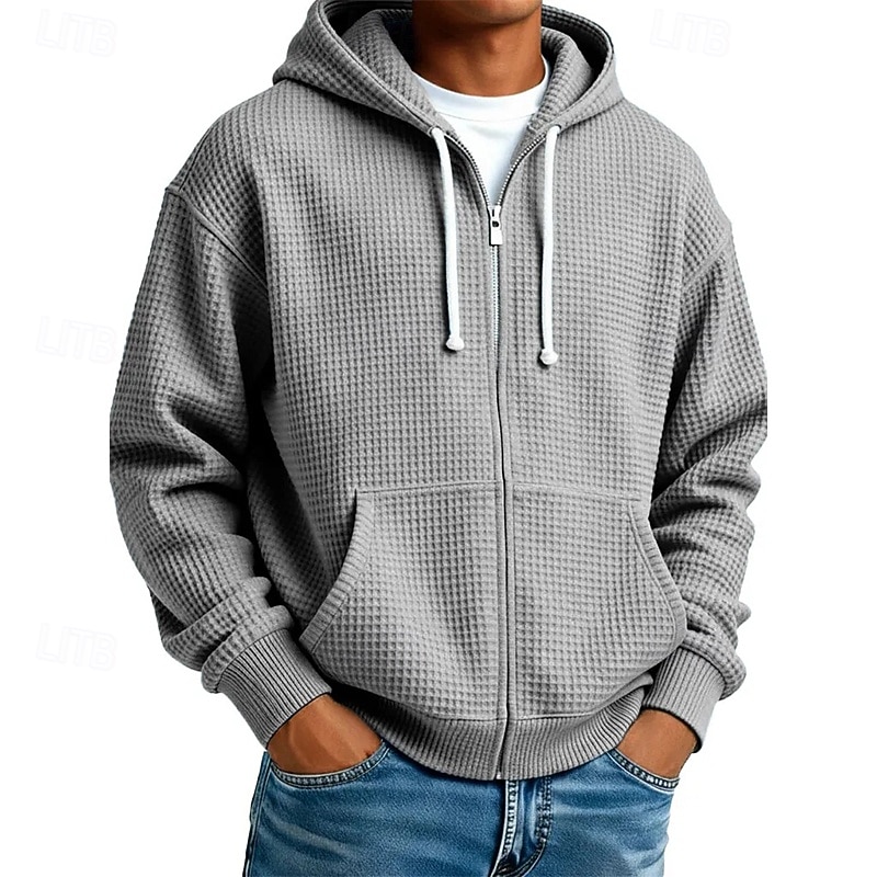 Men's Hoodie Full Zip Hoodie Waffle Hoodies Black White Light Green Army Green Navy Blue Hooded Plain Textured Casual Daily Sports & Outdoor Streetwear Cool Sportswear Fall & Winter Spring & Fall 2026 - €11.69 –P3