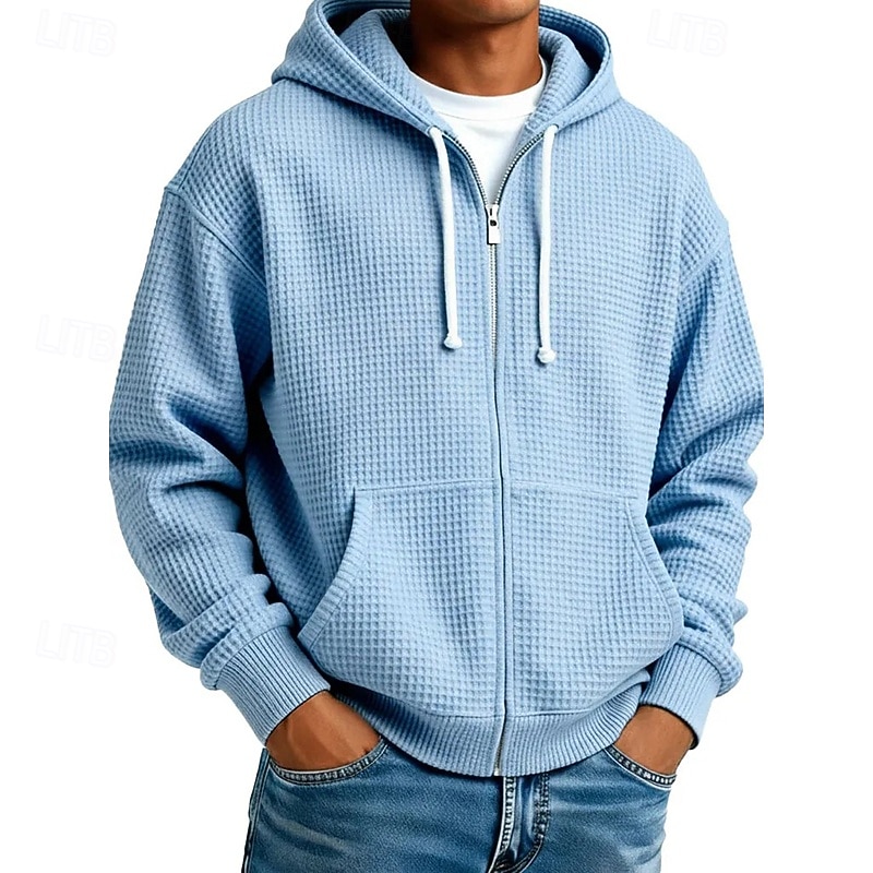 Men's Hoodie Full Zip Hoodie Waffle Hoodies Black White Light Green Army Green Navy Blue Hooded Plain Textured Casual Daily Sports & Outdoor Streetwear Cool Sportswear Fall & Winter Spring & Fall 2026 - €11.69 –P8