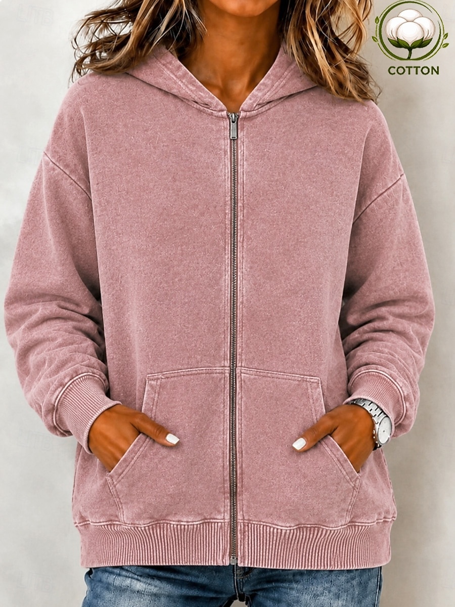 Women's Cotton Vintage wash Zip Up Hoodies Plain Active Vintage Casual Long Sleeve Hooded Regular Tops Casual Home Street Black Pink Light Purple Green Rose Red Spring Fall Winter 2026 - $39.99 &ndash;P5