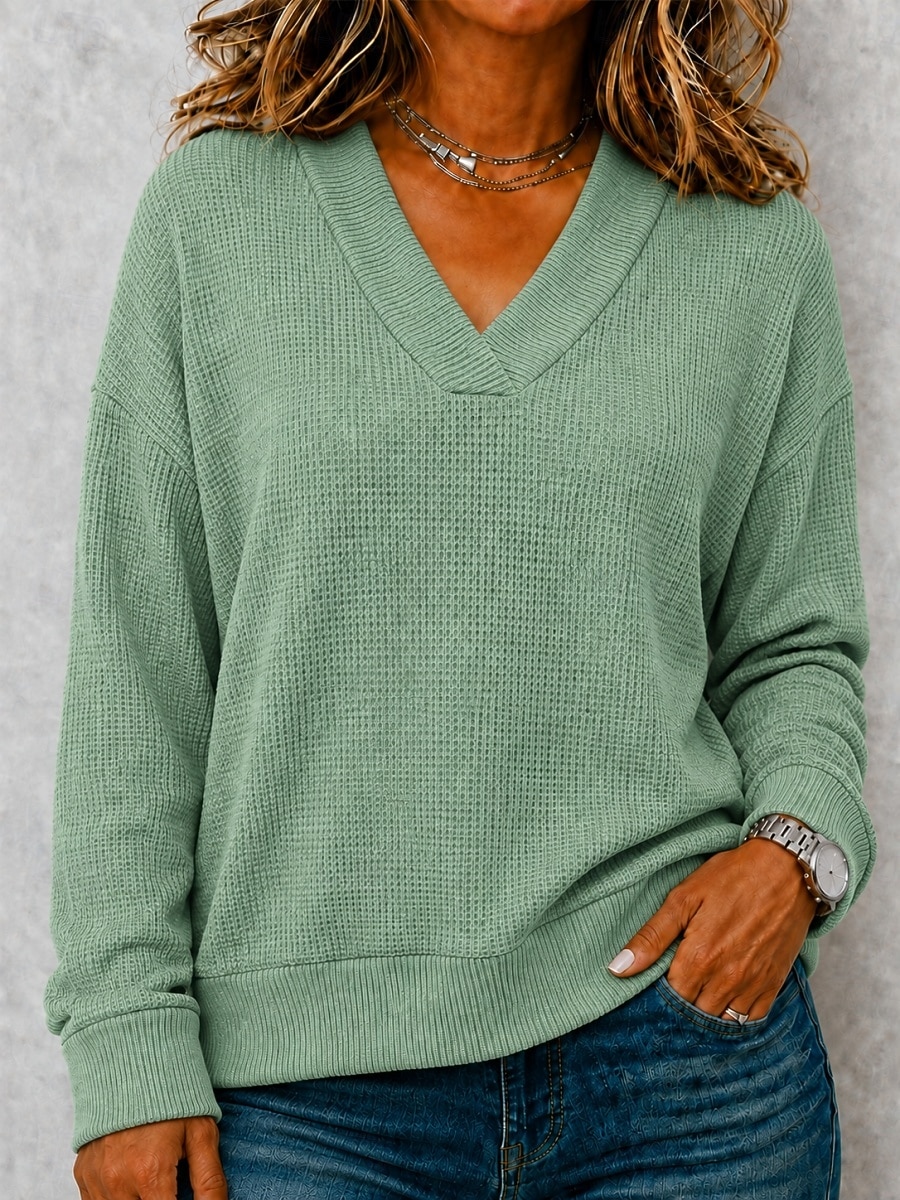 Halloween Women's Waffle Shirt Knit Shirts Plain Fashion Stylish Classic Long Sleeve V Neck Regular Tops Casual Daily Going out Blue Pink Wine Brown Green Fall Winter 2026 - $25.99 &ndash;P5