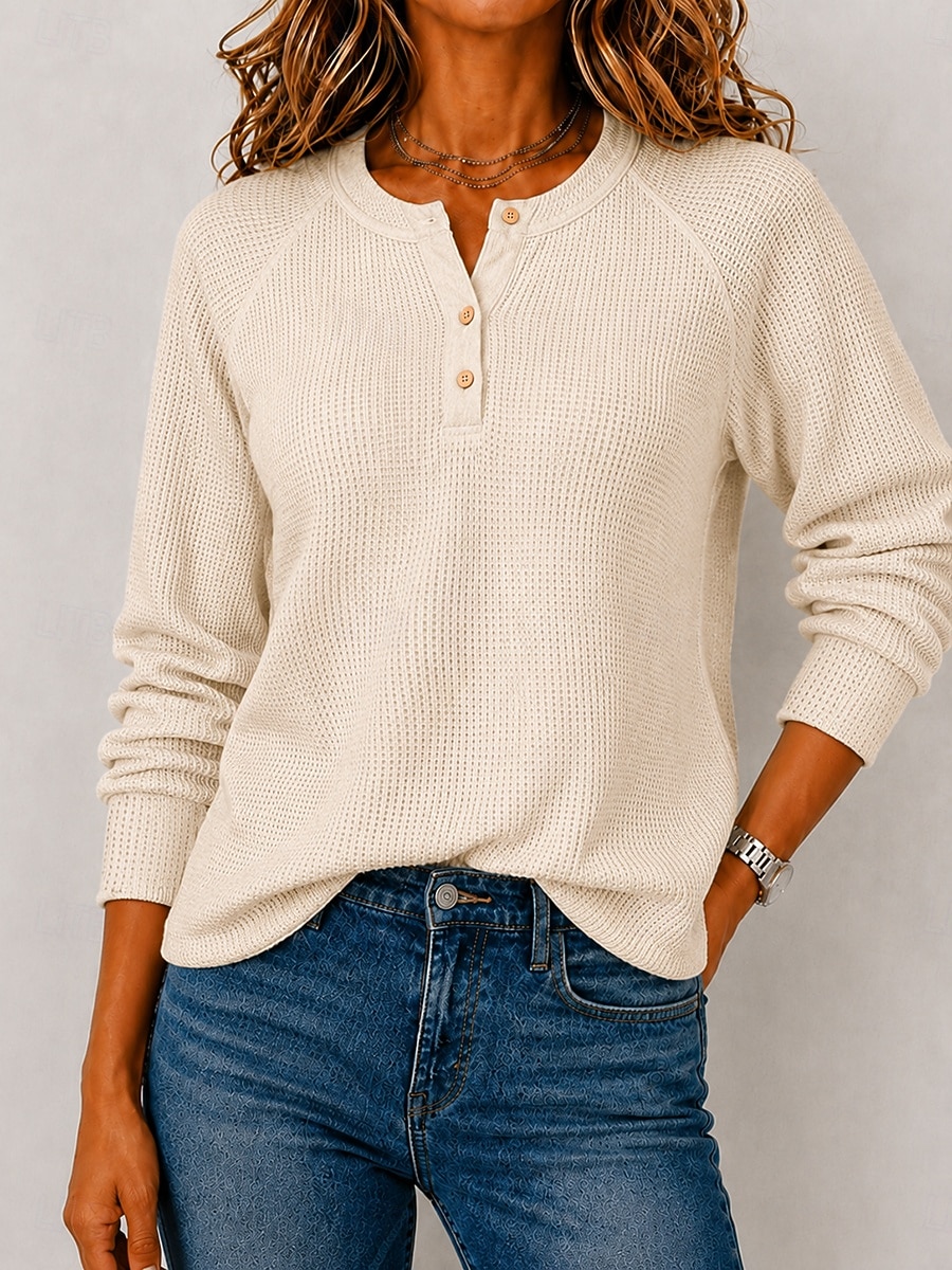 Women's Waffle Shirt Blouse Knit Shirts Texture Solid Color Stylish Basic Classic Long Sleeve Shirt Henry Collar Long Tops Casual Daily Halloween Going out White Purple Orange Beige Spring Fall Winter 2026 - $33.99 &ndash;P5