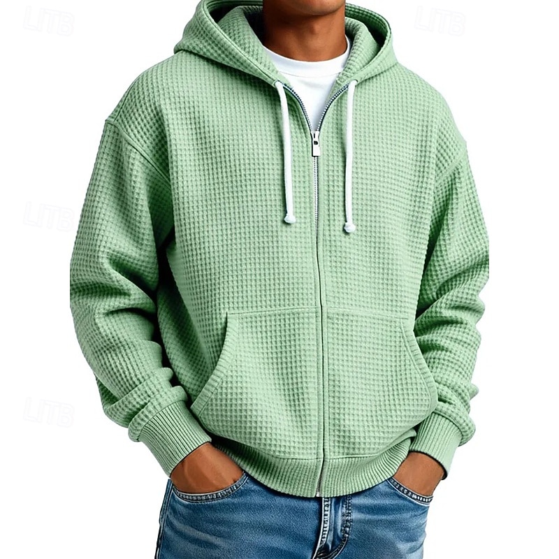 Men's Hoodie Full Zip Hoodie Waffle Hoodies Black White Light Green Army Green Navy Blue Hooded Plain Textured Casual Daily Sports & Outdoor Streetwear Cool Sportswear Fall & Winter Spring & Fall 2026 - €11.69 –P9