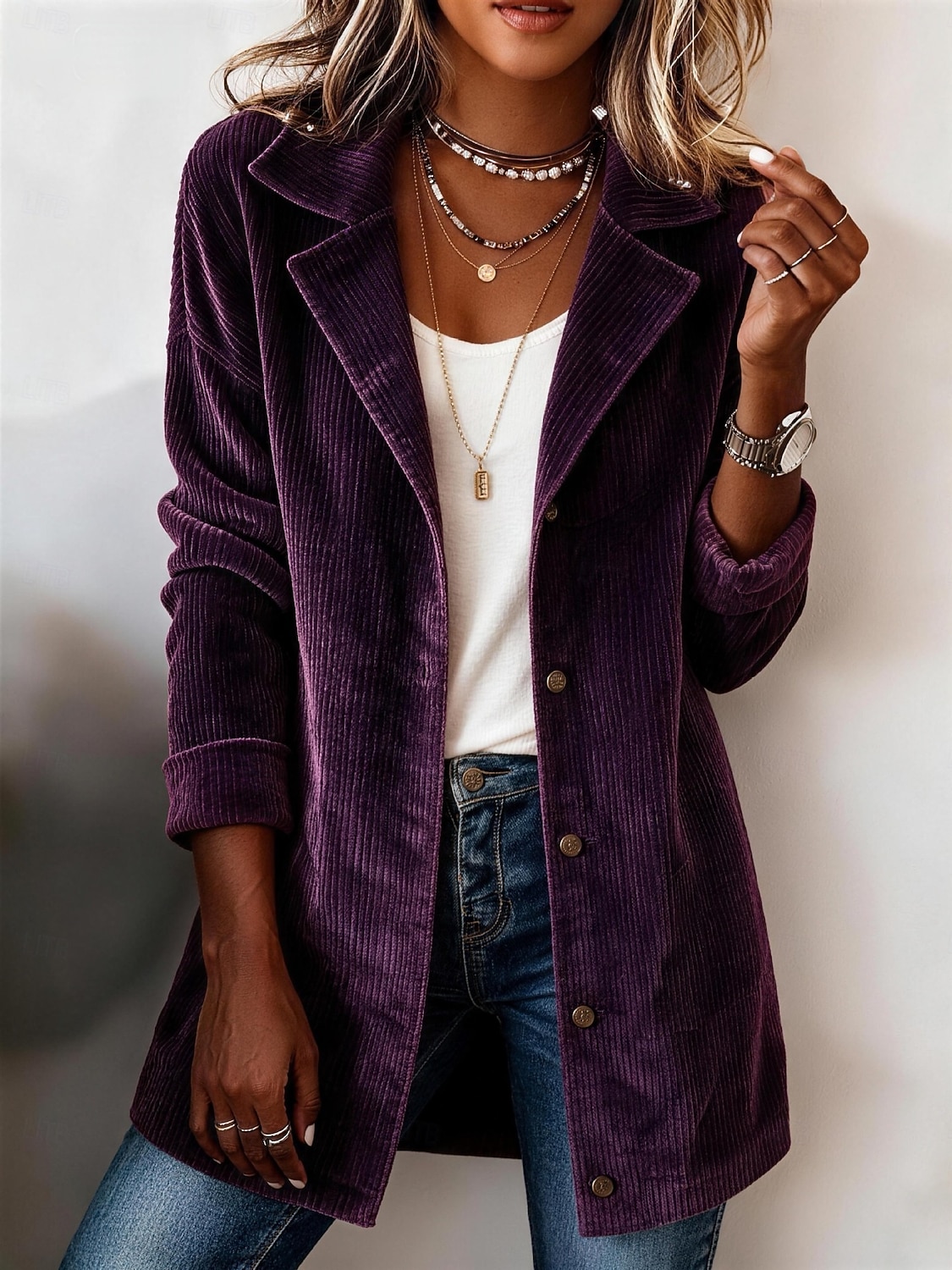 Women's Long Coat Blazer Corduroy Jacket Lightweight Buttons Elegant Modern Solid Color Casual Daily Street Regular Notch Lapel Long Sleeve Outerwear Black Wine Purple Fall Winter 2026 - &euro;35.99 &ndash;P4