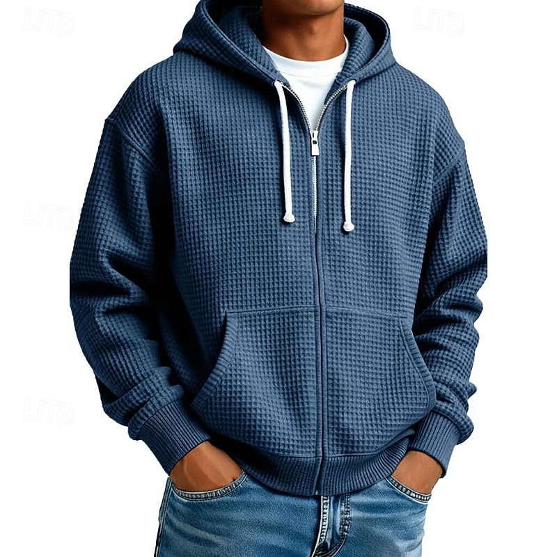 Men's Hoodie Full Zip Hoodie Waffle Hoodies Black White Light Green Army Green Navy Blue Hooded Plain Textured Casual Daily Sports & Outdoor Streetwear Cool Sportswear Fall & Winter Spring & Fall 2026 - €11.69 –P4
