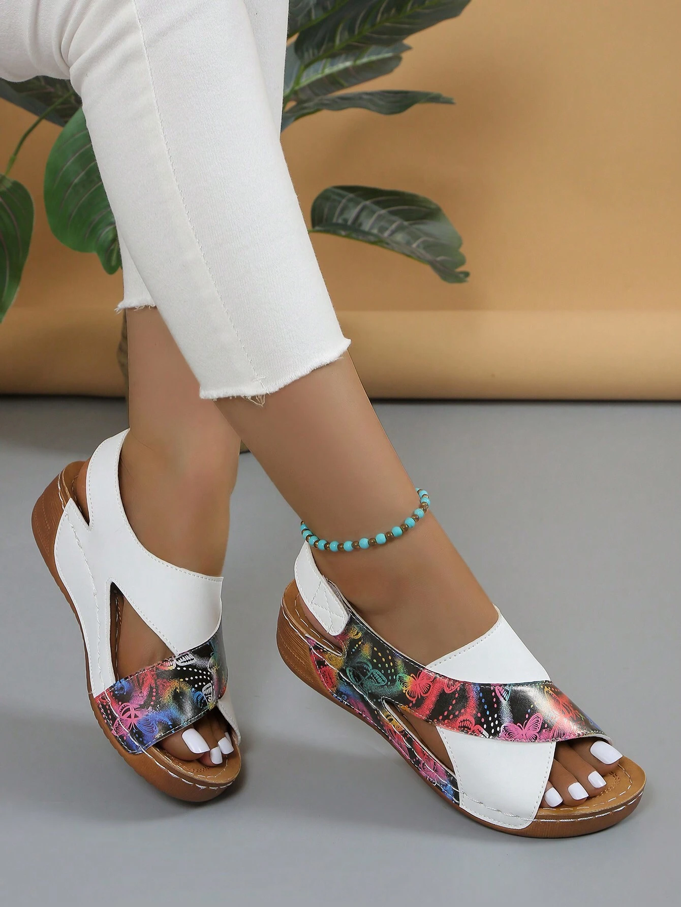 Women's Stitching Contrast Color Mule Open Toe Wedge Sandals