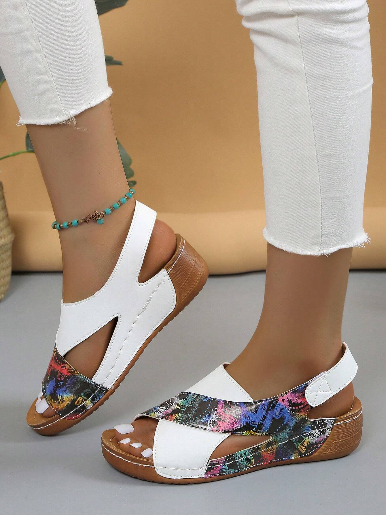 Women's Stitching Contrast Color Mule Open Toe Wedge Sandals
