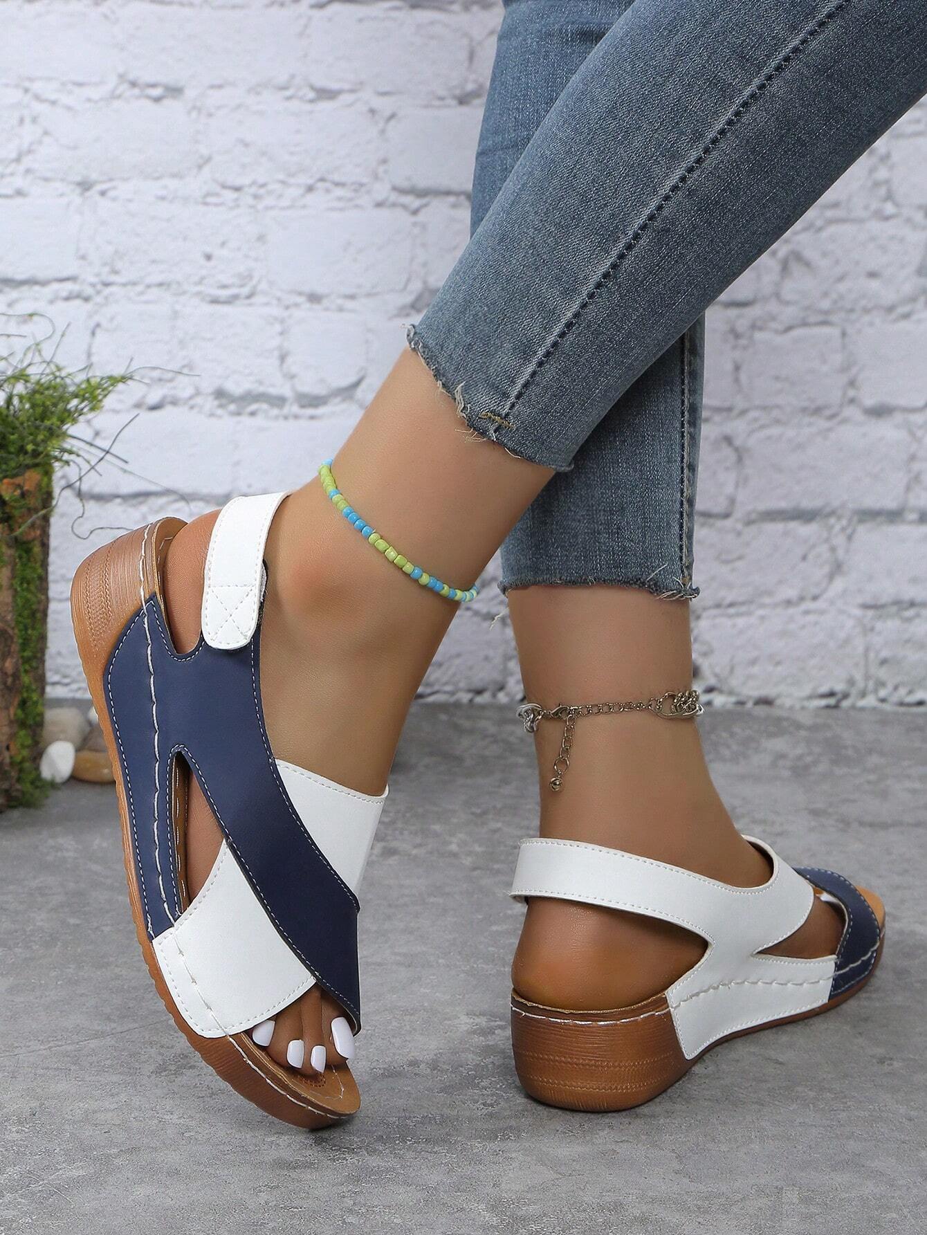 Women's Stitching Contrast Color Mule Open Toe Wedge Sandals
