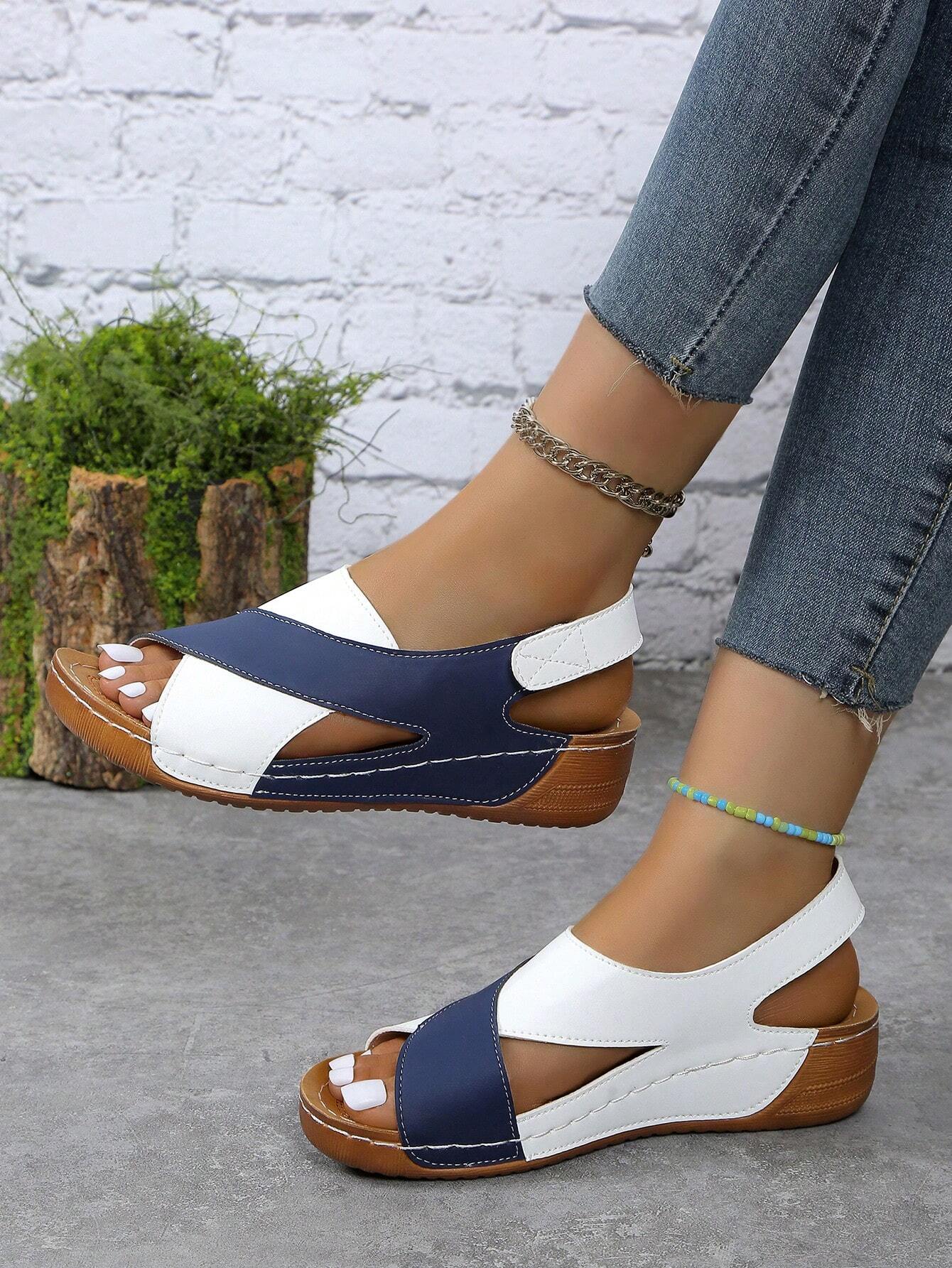 Women's Stitching Contrast Color Mule Open Toe Wedge Sandals