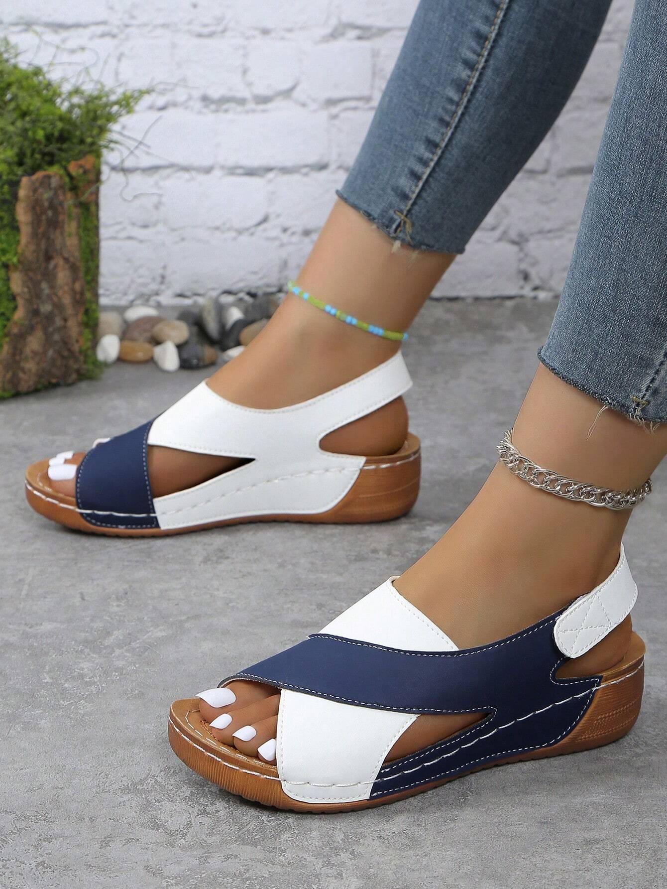 Women's Stitching Contrast Color Mule Open Toe Wedge Sandals