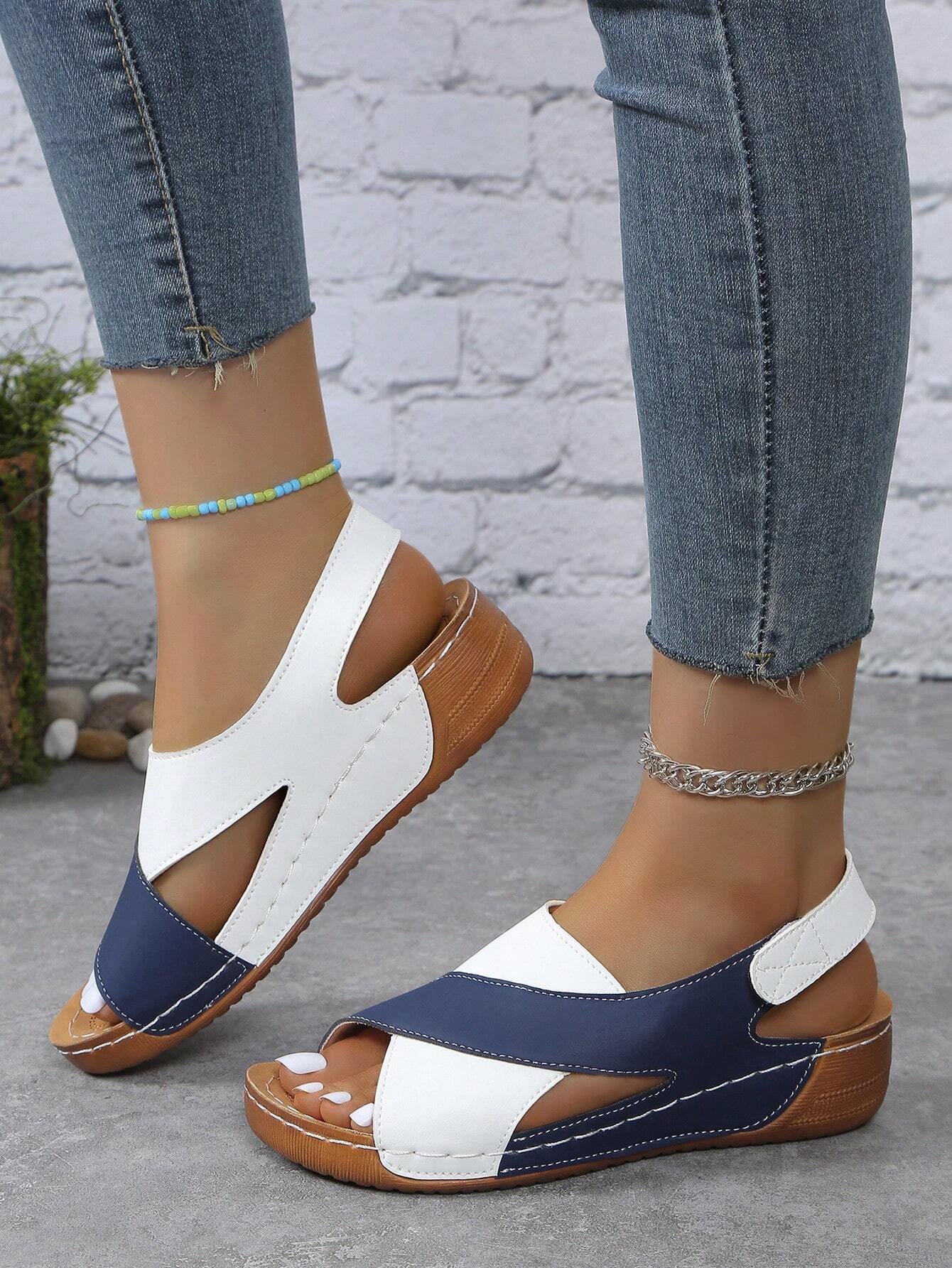 Women's Stitching Contrast Color Mule Open Toe Wedge Sandals