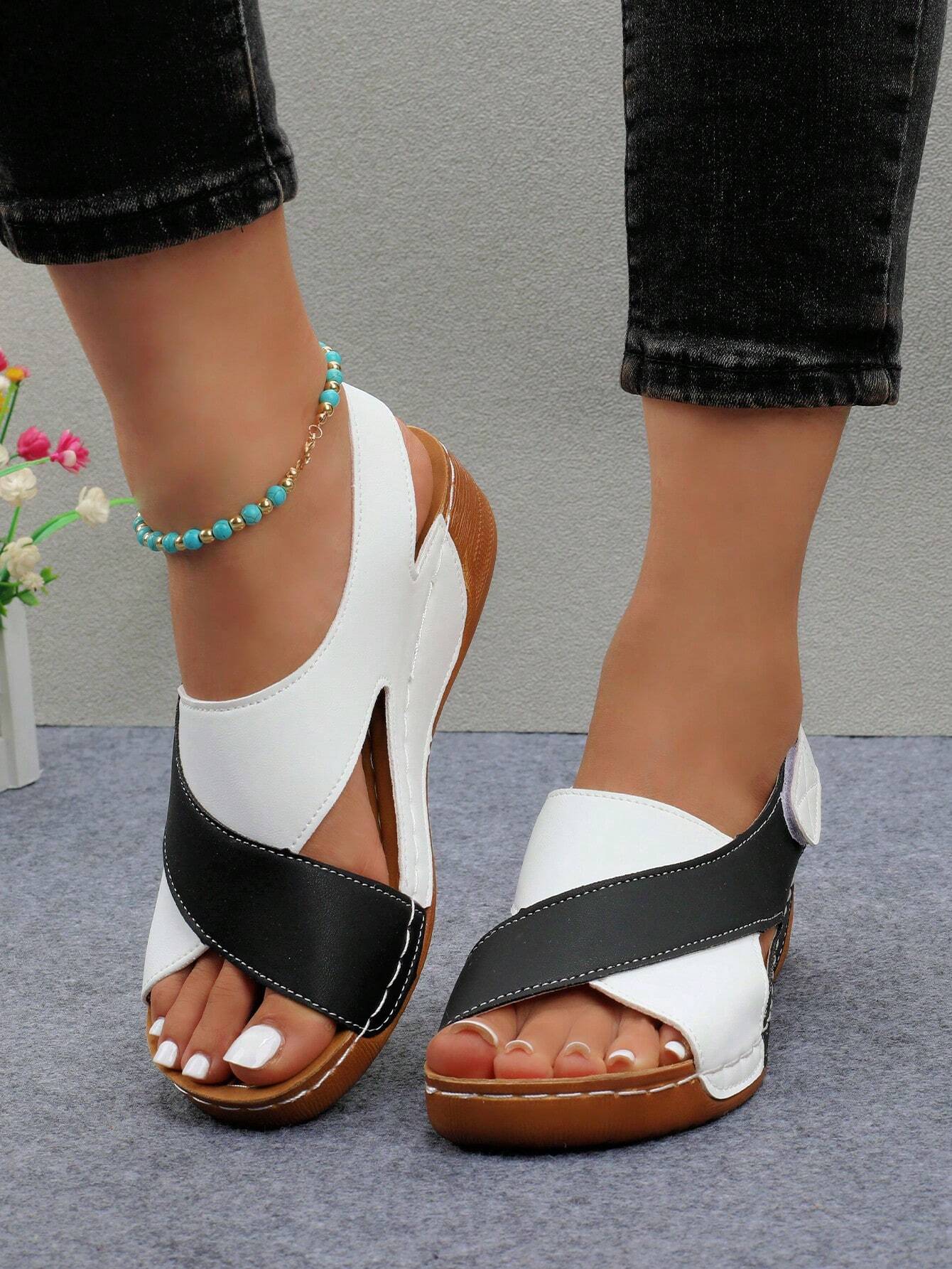 Women's Stitching Contrast Color Mule Open Toe Wedge Sandals