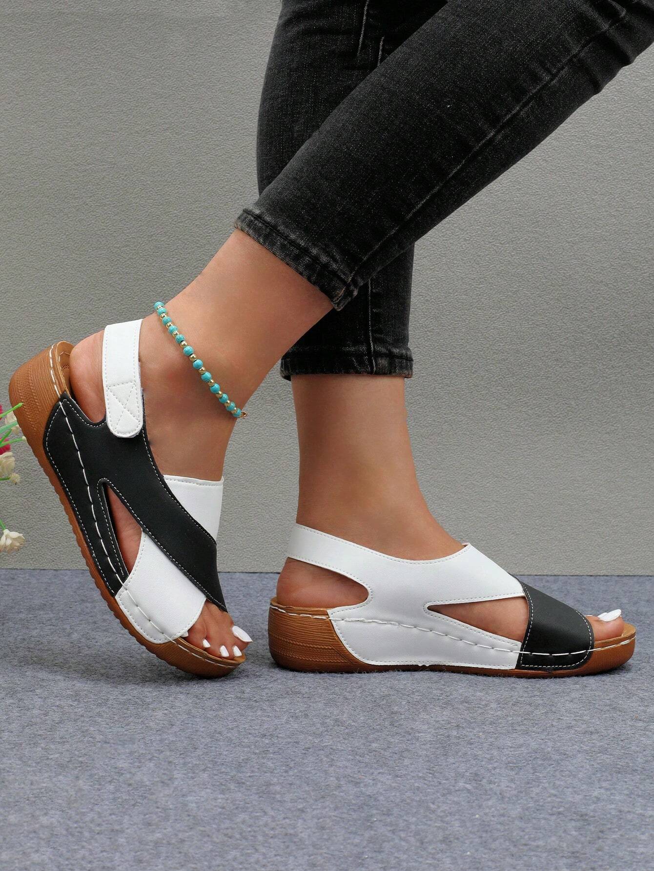 Women's Stitching Contrast Color Mule Open Toe Wedge Sandals