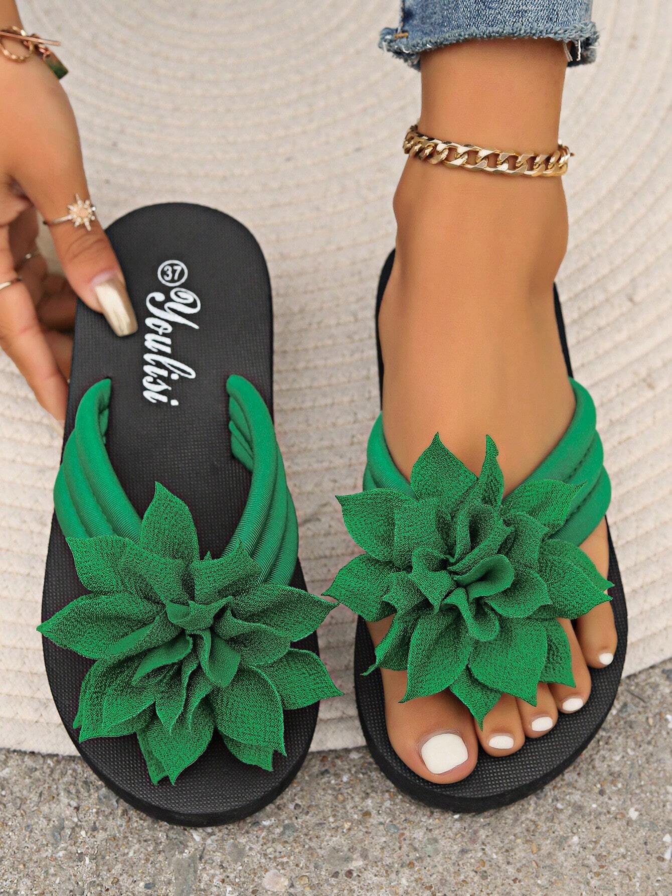 Women's Flip Flops, European And American Style, Fashionable, Comfortable, Lightweight, Beach Sandals, Casual Floral Slippers For Home