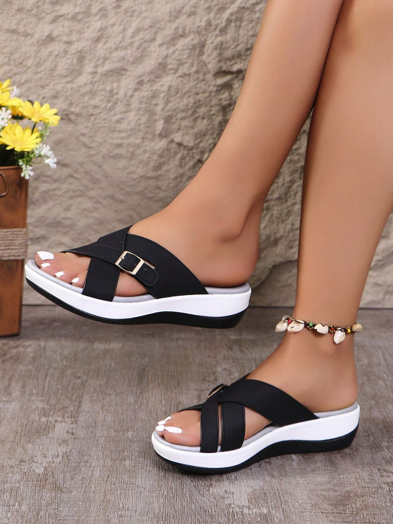 Women's Wedge Heel Thick Sole Criss-Cross Sandals, Comfortable Shock-Absorbing Insole, New Casual Summer Outdoor Platform Slip-On Fashion Beach Slippers With Adjustable Buttons